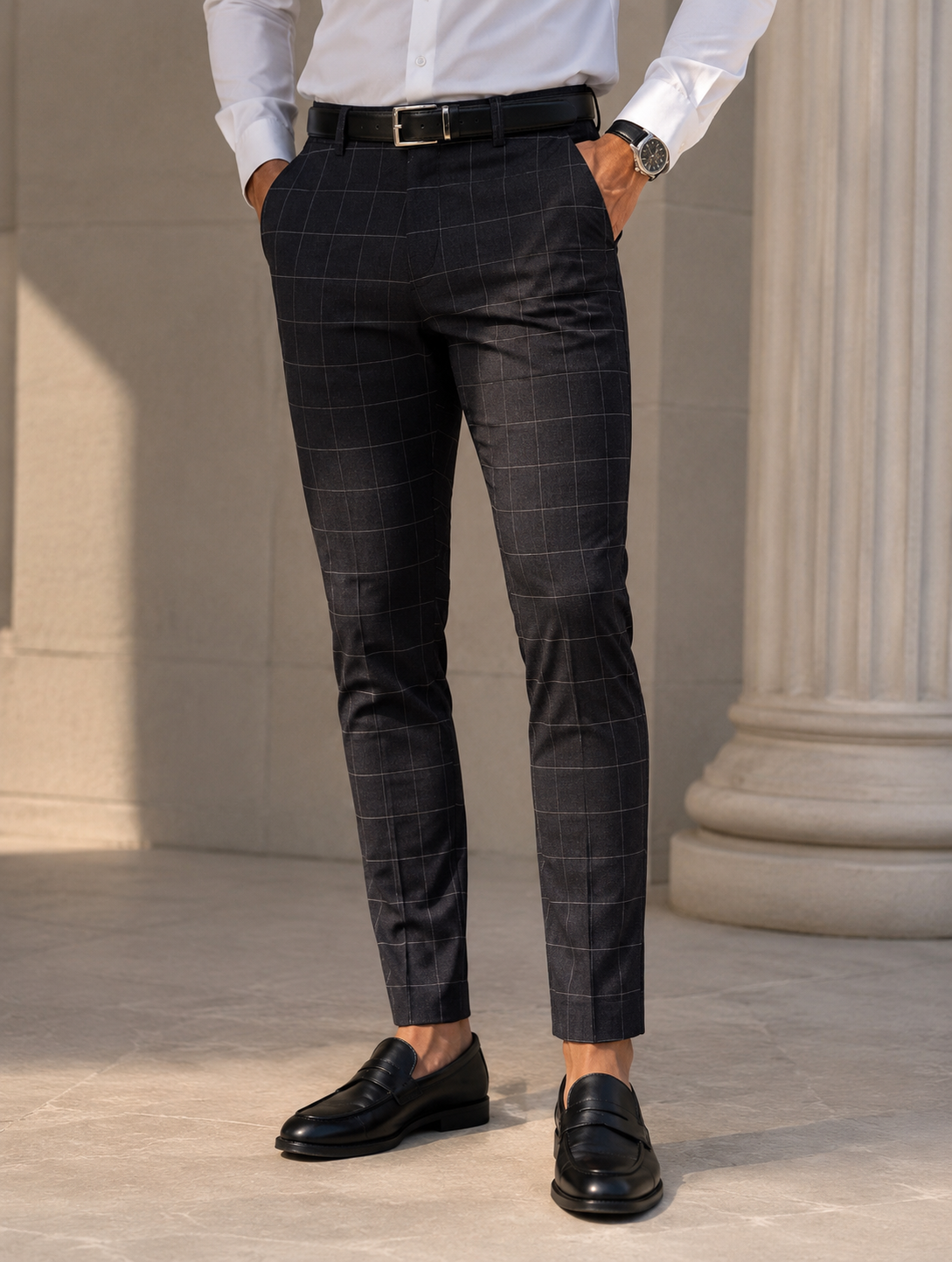 Pantalon homme à carreaux gris foncé