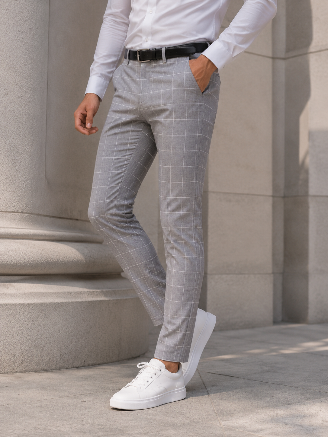 Pantalon homme gris clair à carreaux