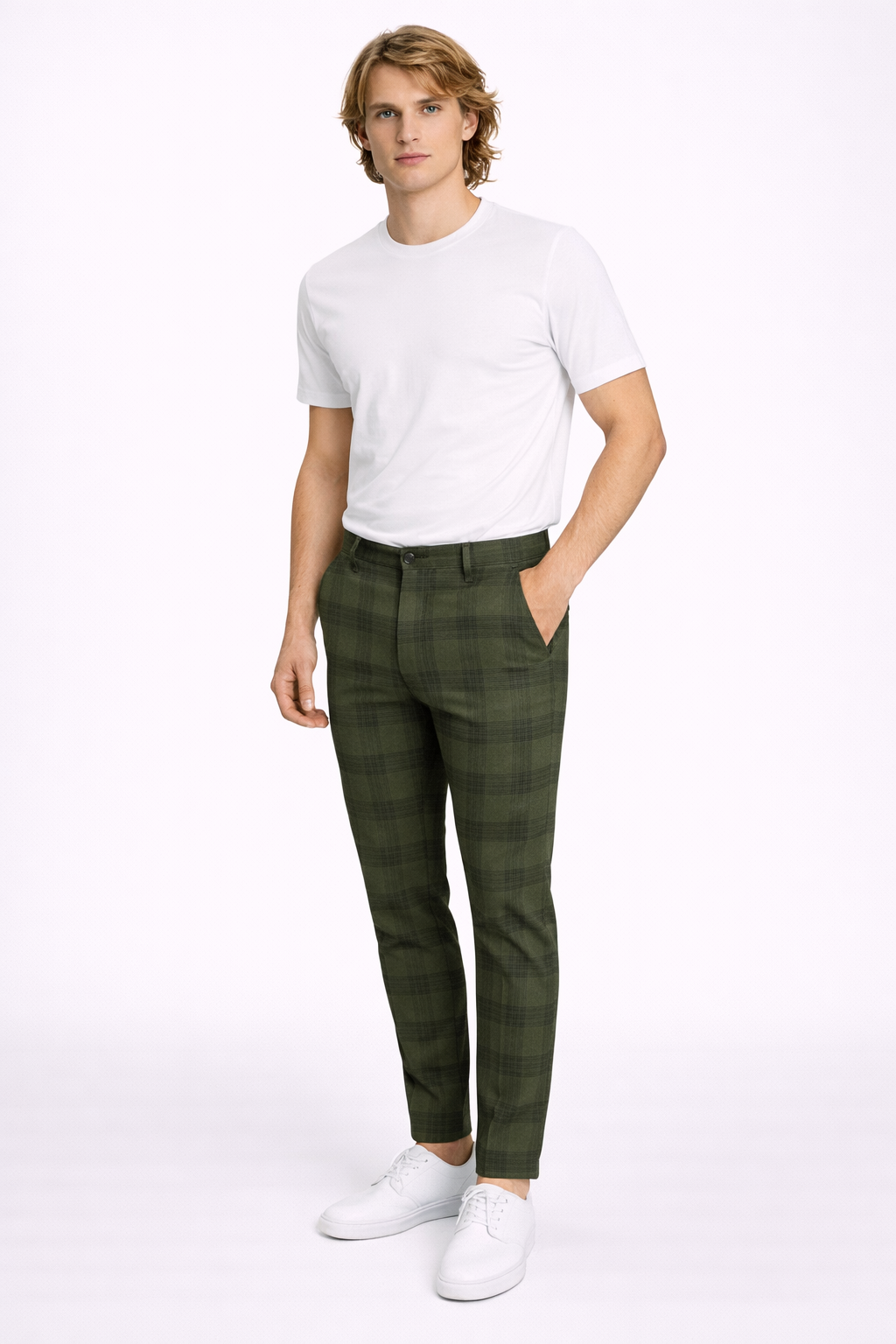 Pantalon Homme Slim Fit à Carreaux Vert