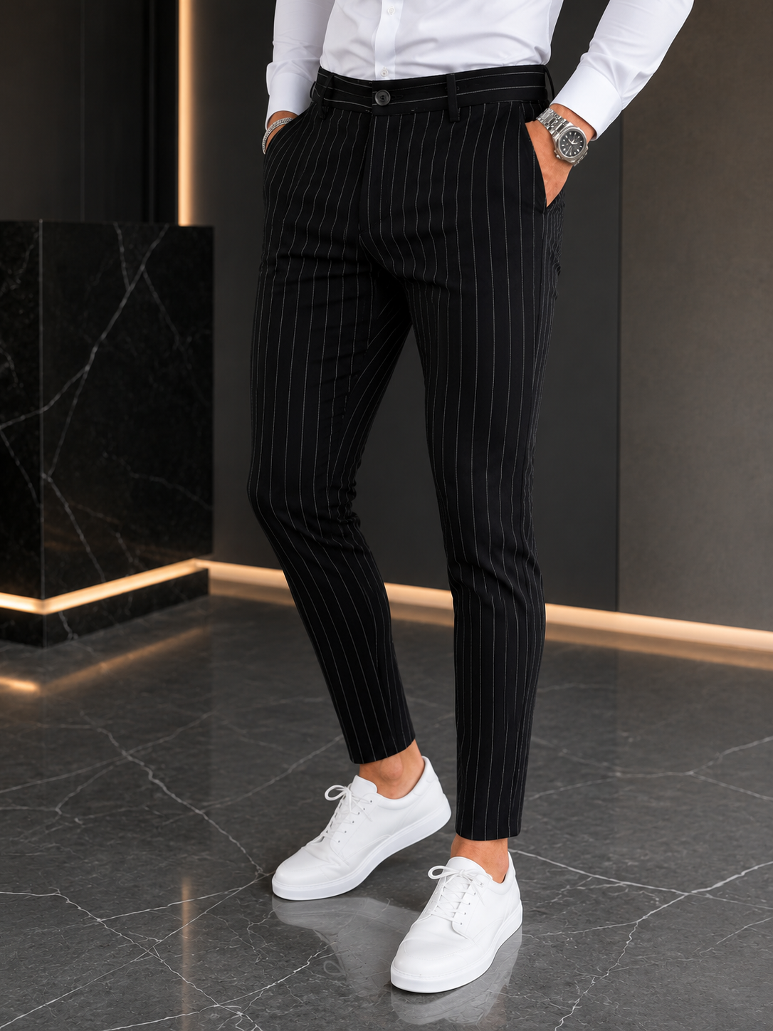 Pantalon homme noir à rayures
