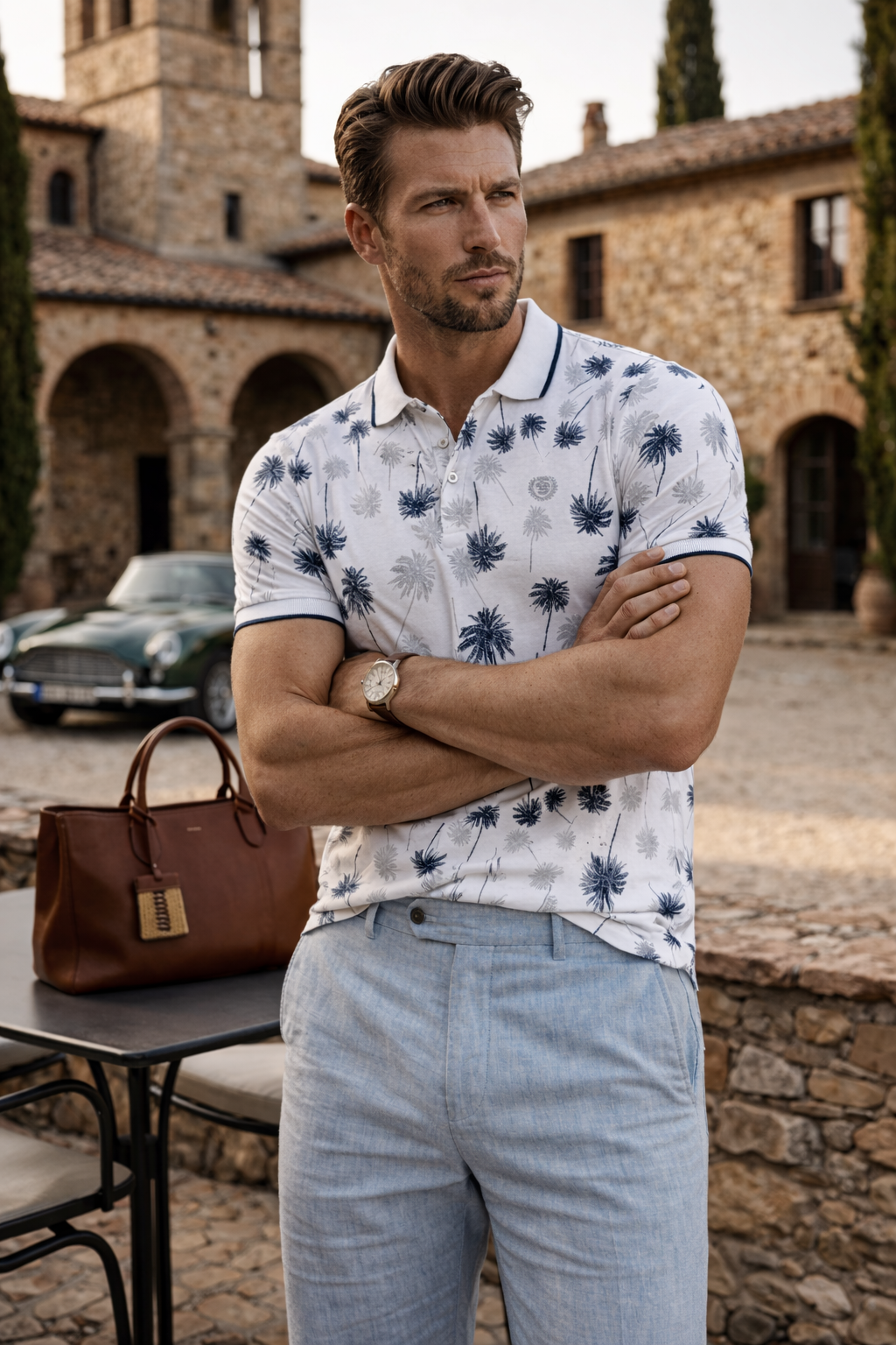 Polo homme imprimé palmiers bleu & gris