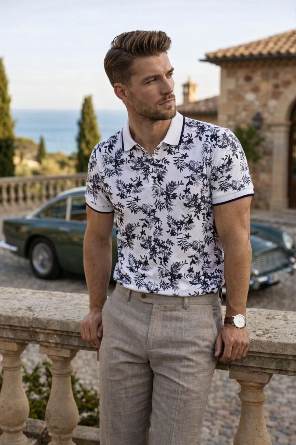 Polo homme Blanc imprimé floral noir