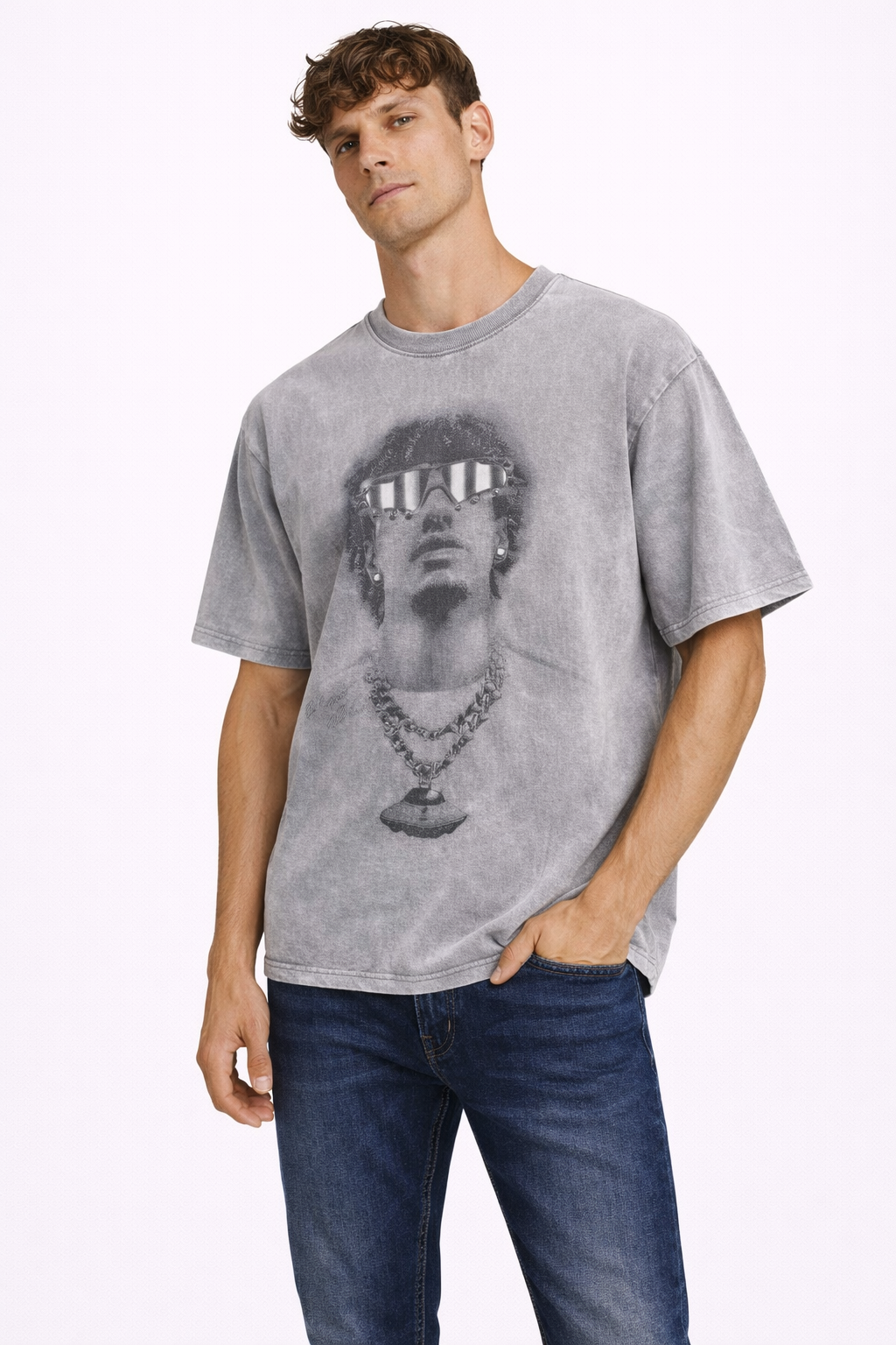 T-shirt Homme Imprimé Vintage Gris Clair