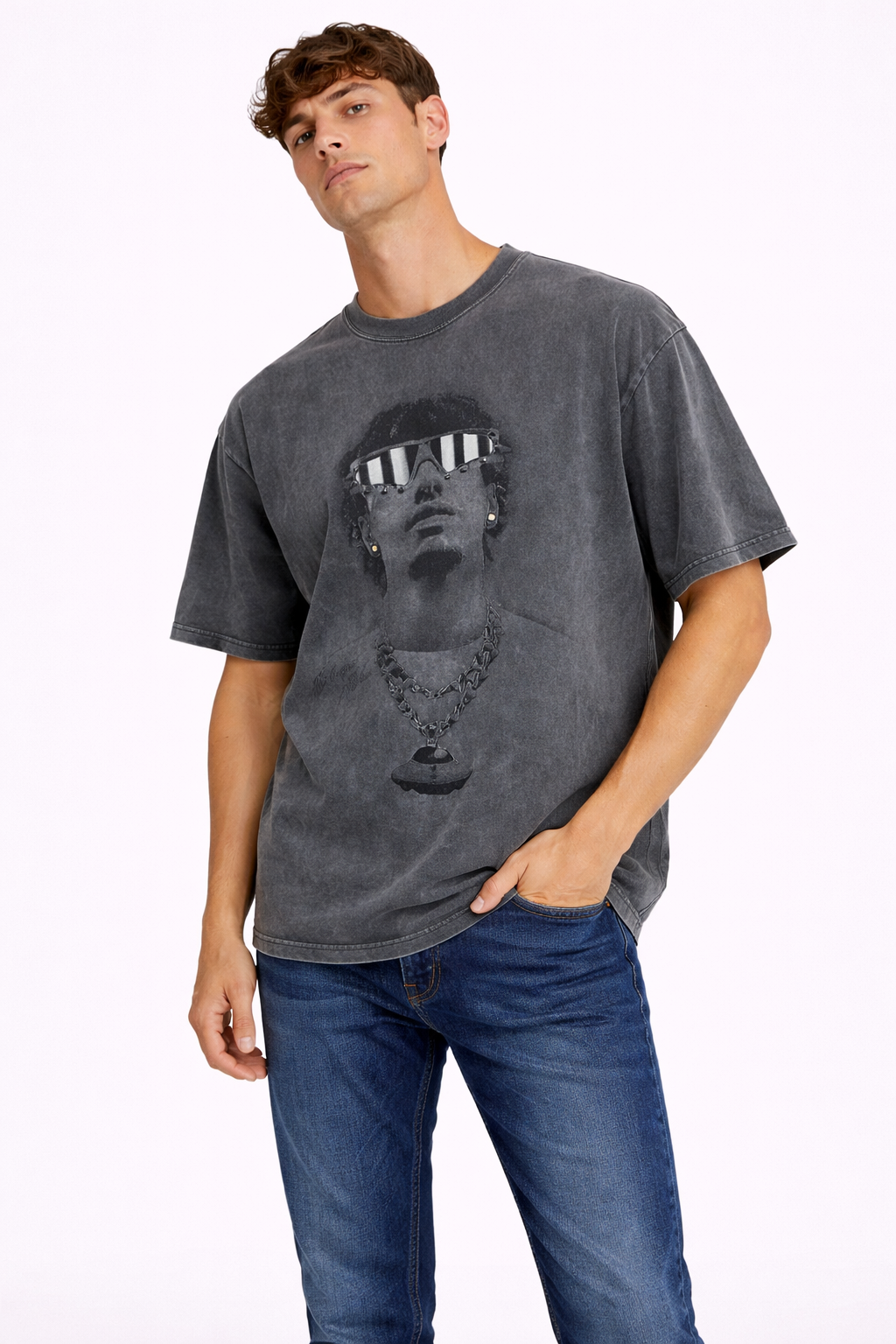 T-shirt Homme Imprimé Vintage Gris Fonce