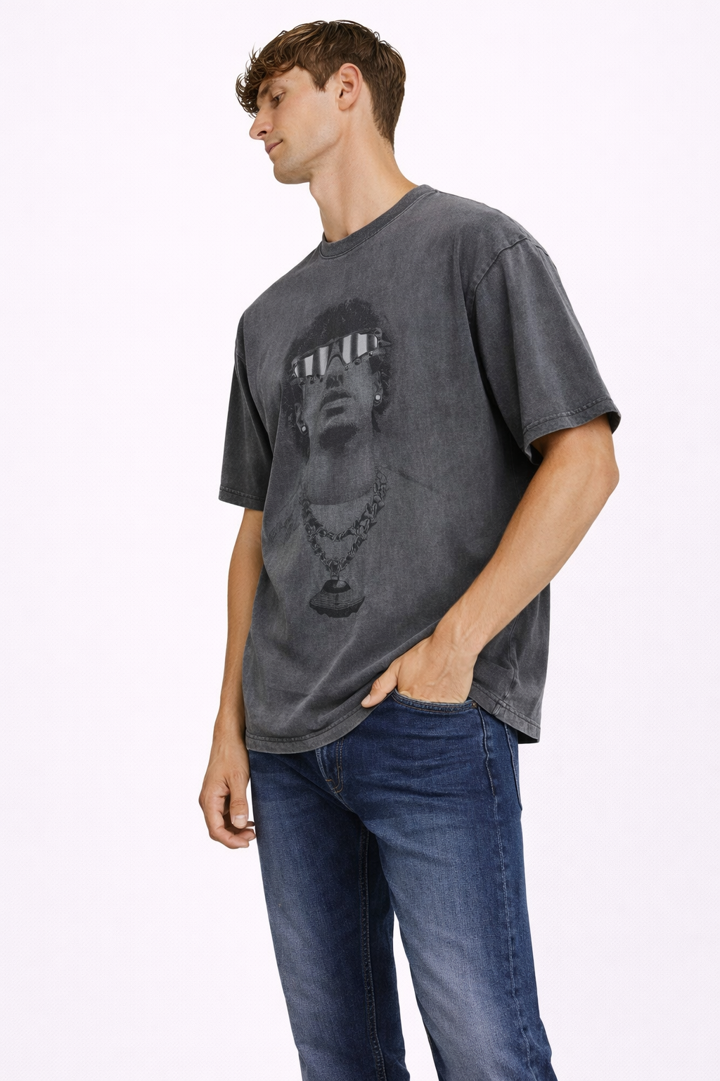T-shirt Homme Imprimé Vintage Gris Fonce
