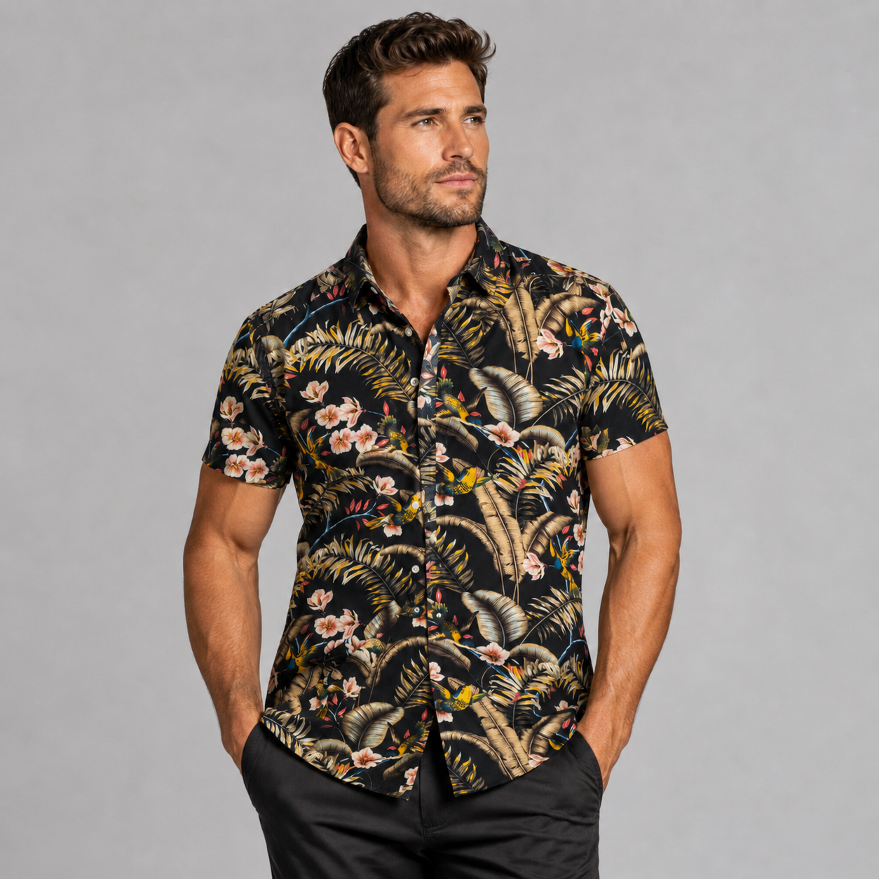 Chemise homme manches courtes imprimé tropical noir