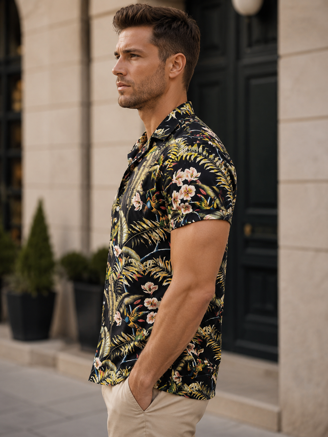 Chemise homme manches courtes imprimé tropical noir