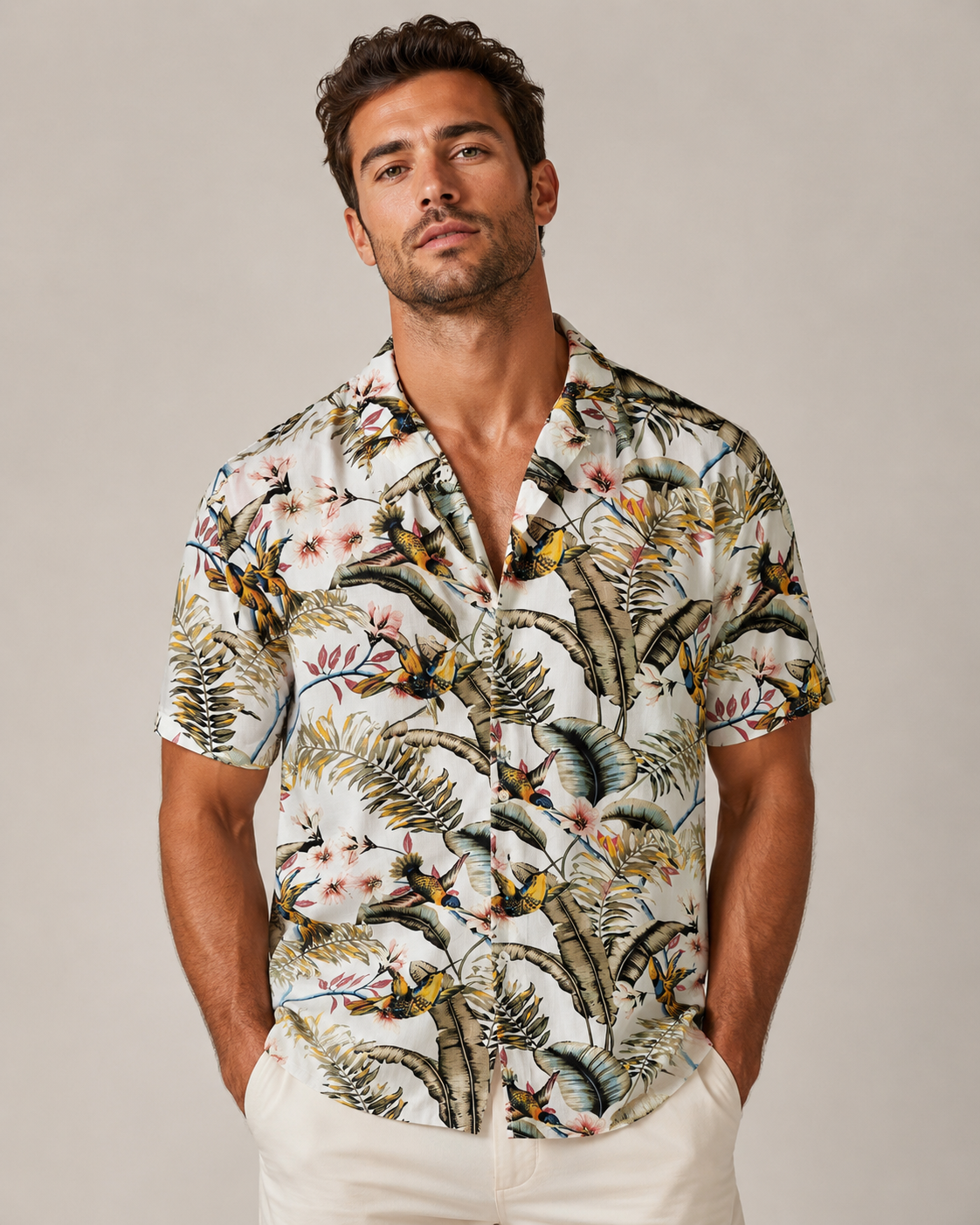 Chemise homme manches courtes écru imprimé tropical
