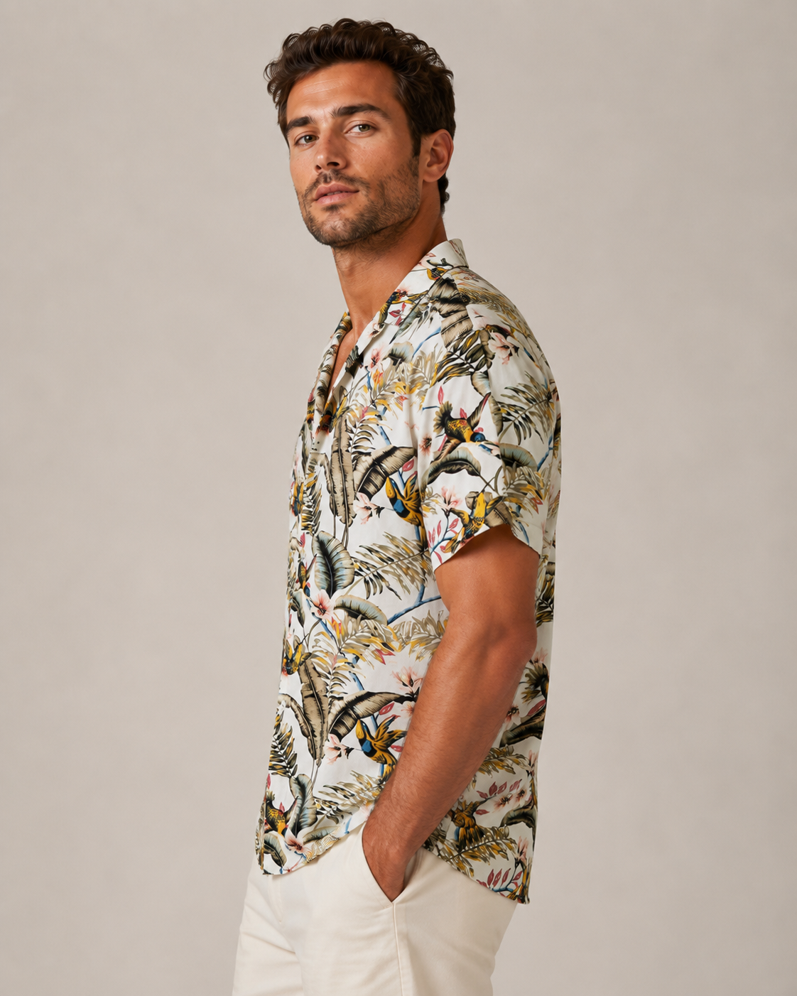 Chemise homme manches courtes écru imprimé tropical