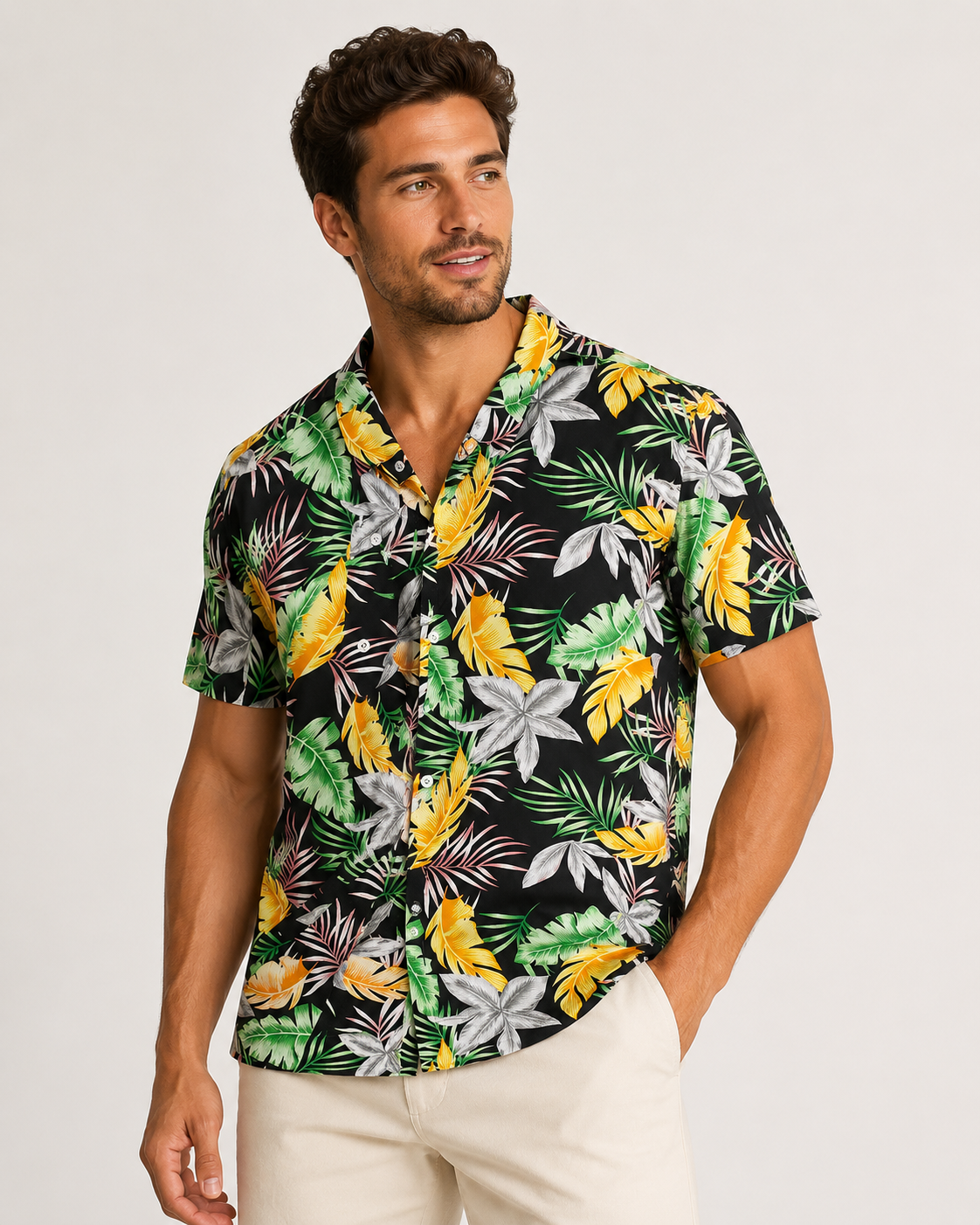 Chemise homme manches courtes noir imprimé tropical