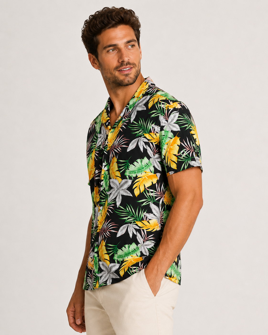 Chemise homme manches courtes noir imprimé tropical