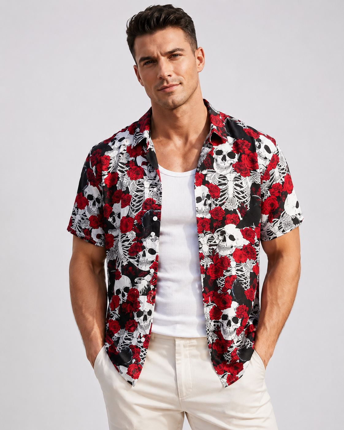 Chemise homme manches courtes rouge imprimé