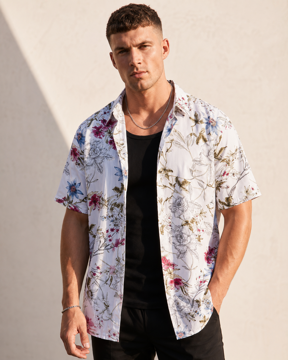 Chemise homme manches courtes blanc imprimé floral fond