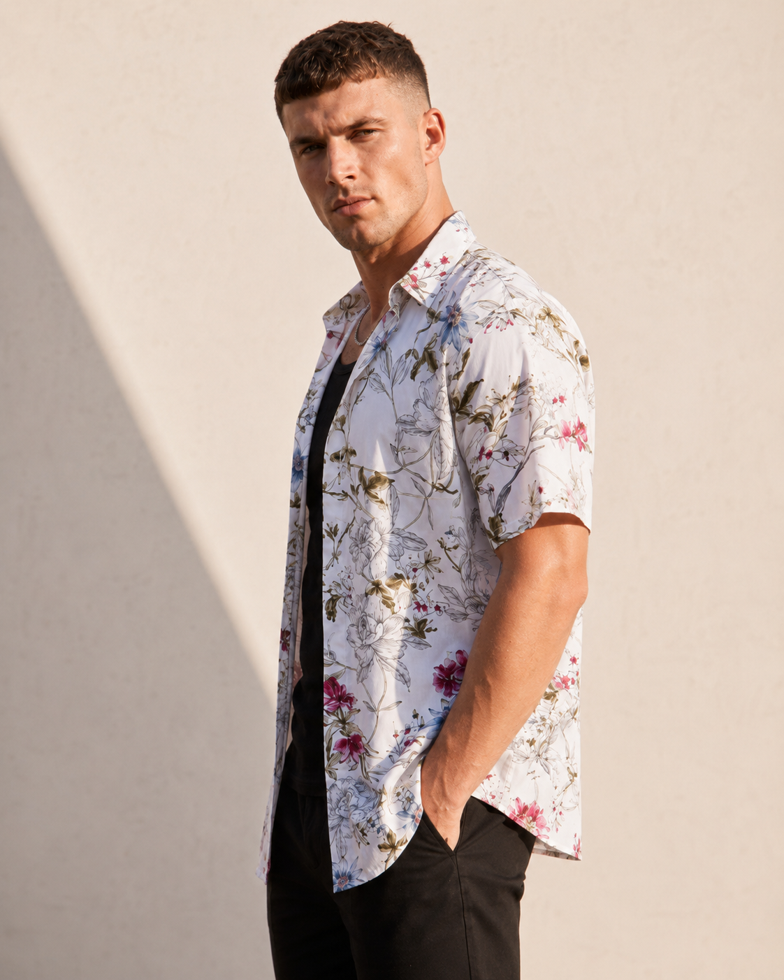 Chemise homme manches courtes blanc imprimé floral fond