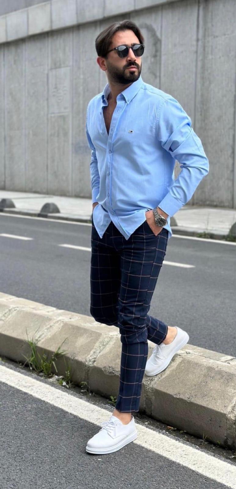 Chino confortable bleu foncé à carreaux homme fashion