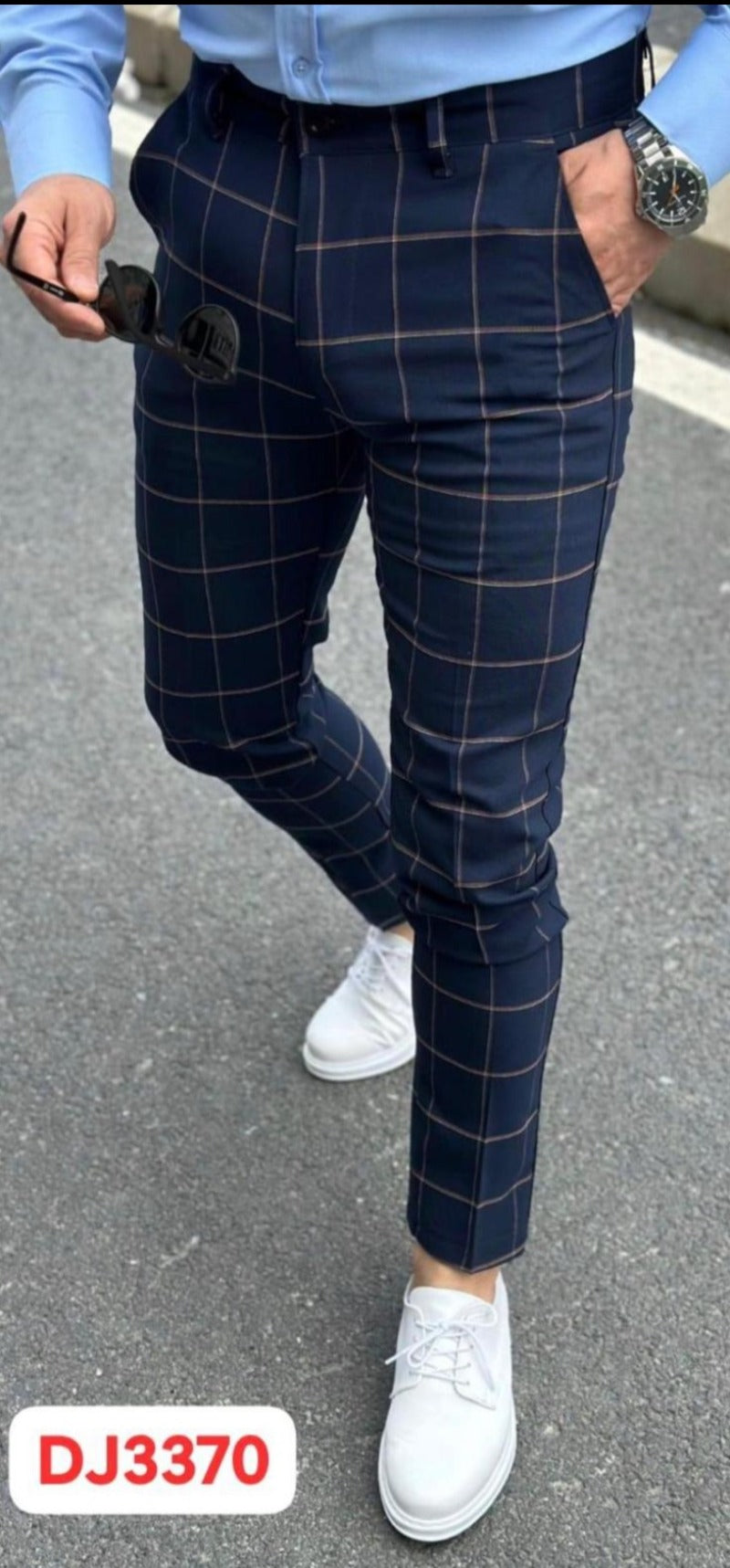 Chino confortable bleu foncé à carreaux homme fashion