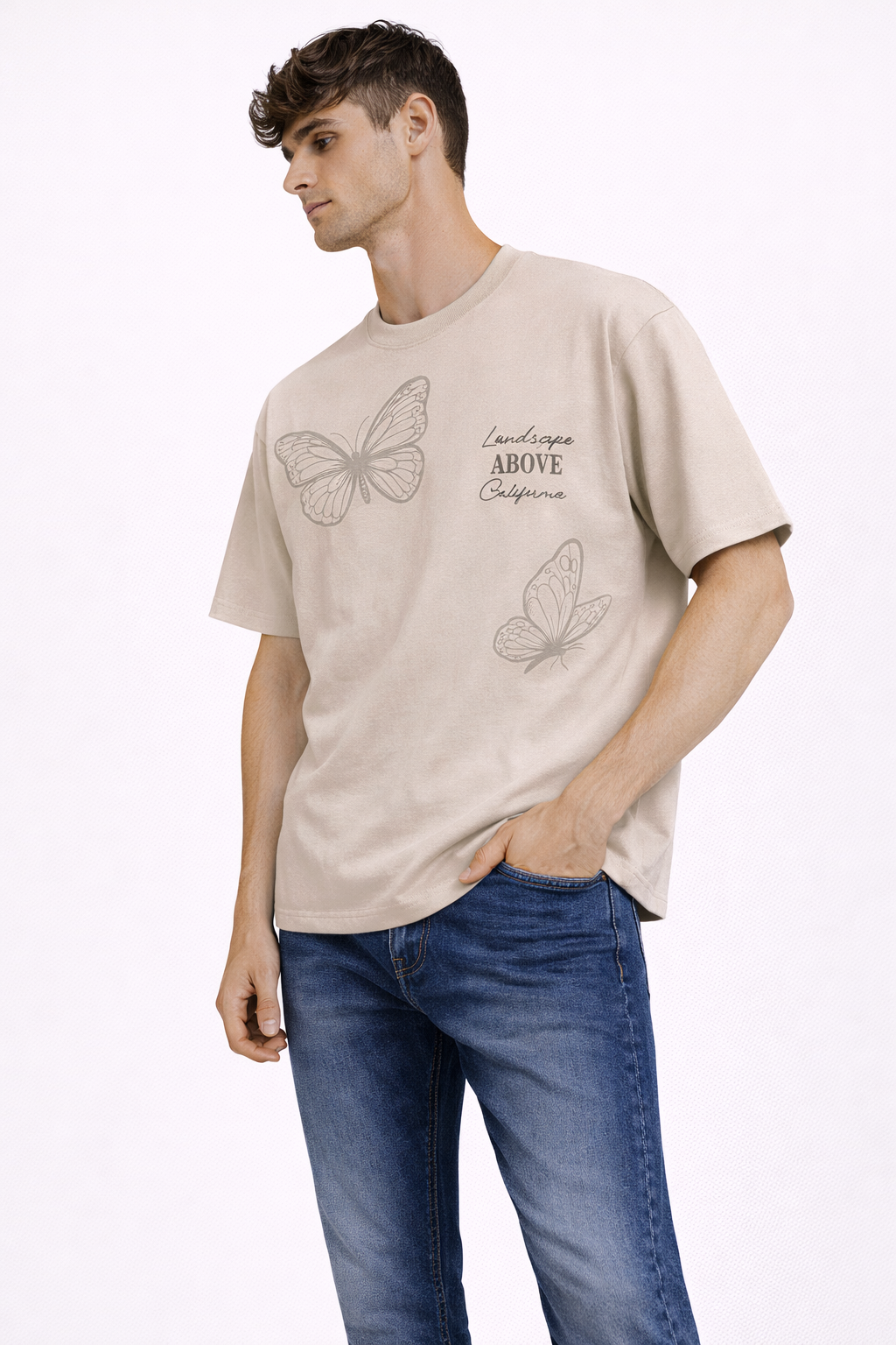 T-shirt Taupe Homme Imprimé Papillons