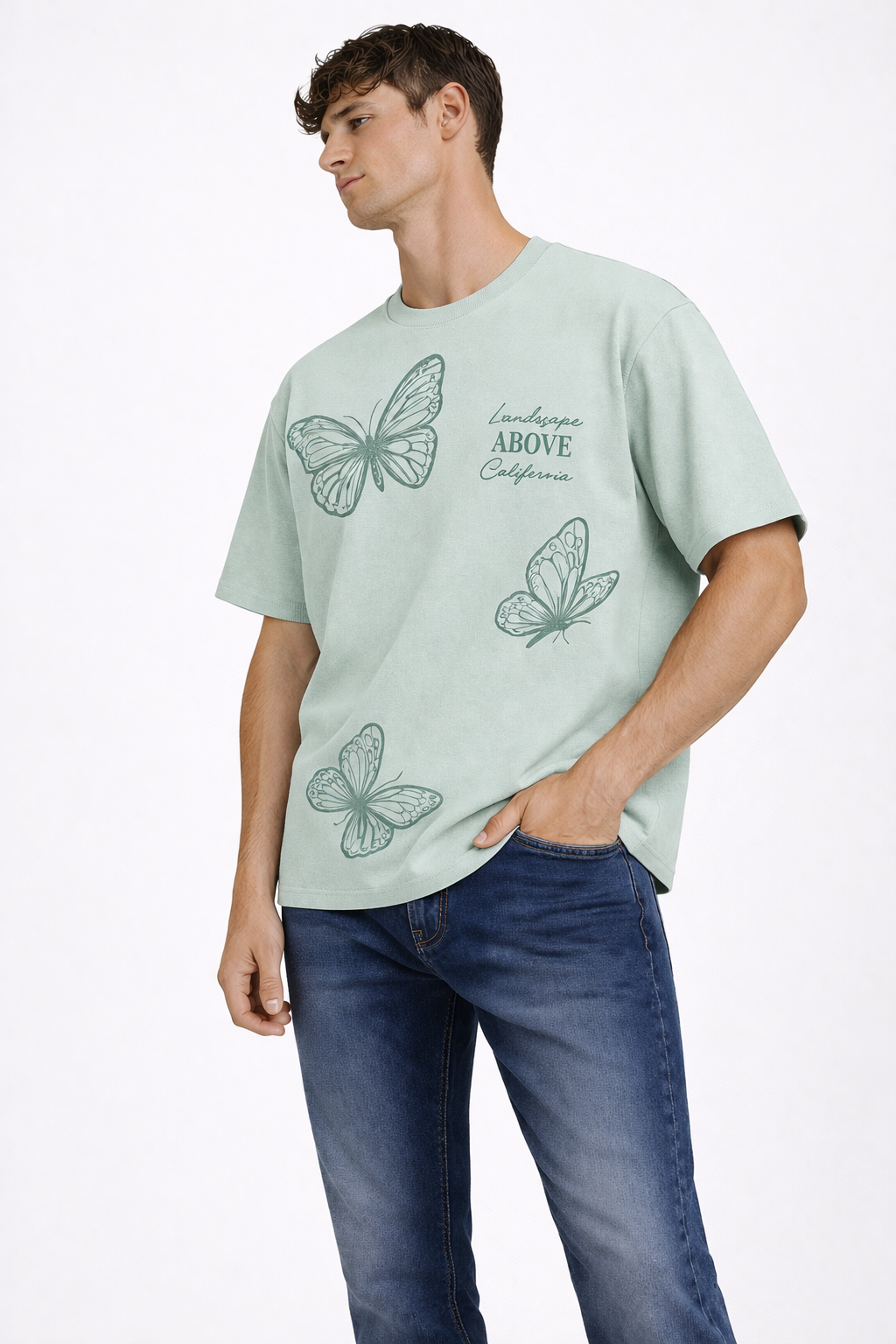 T-shirt Vert Homme Imprimé Papillons