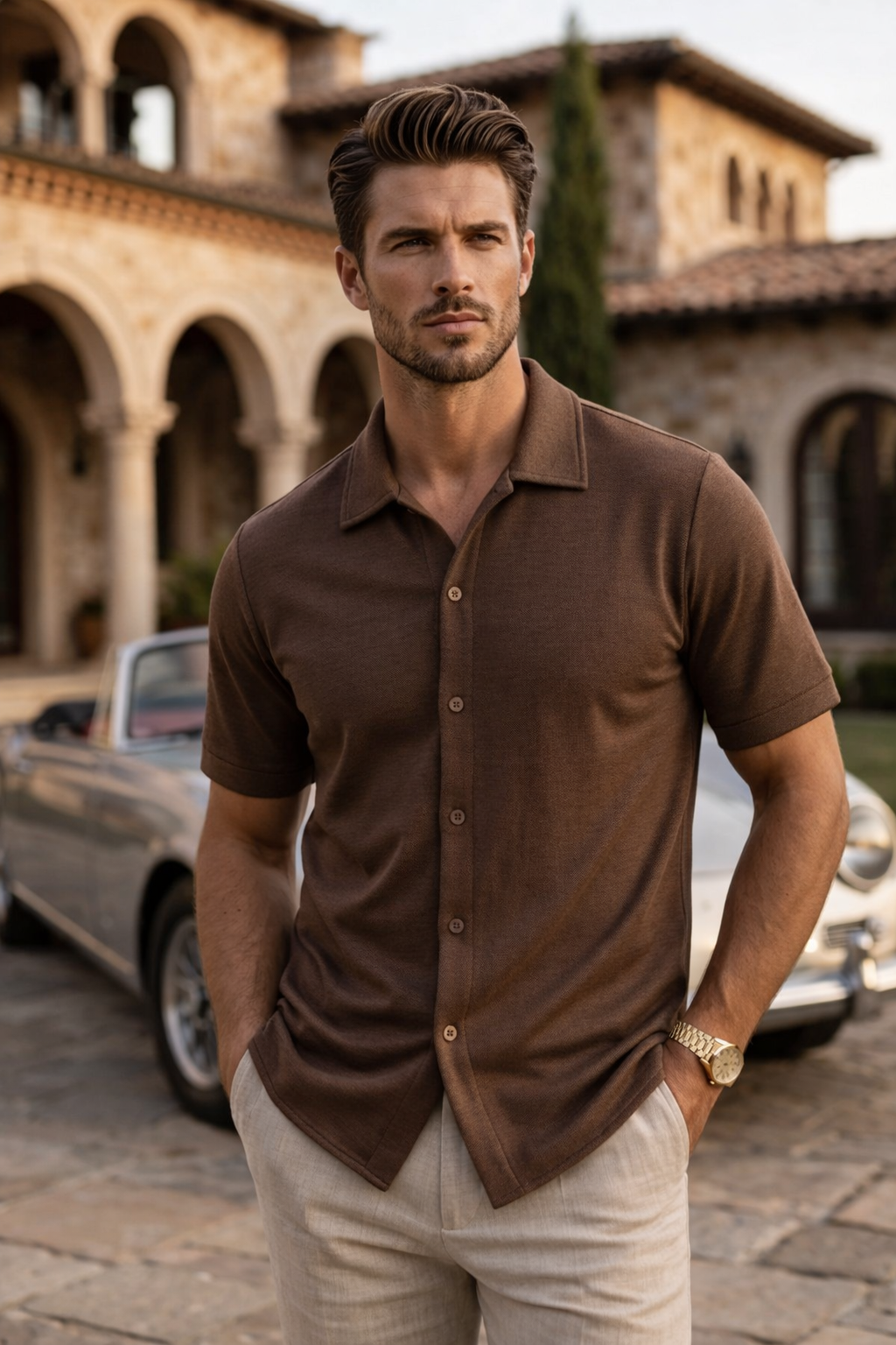 Chemise Homme Marron Manches Courtes
