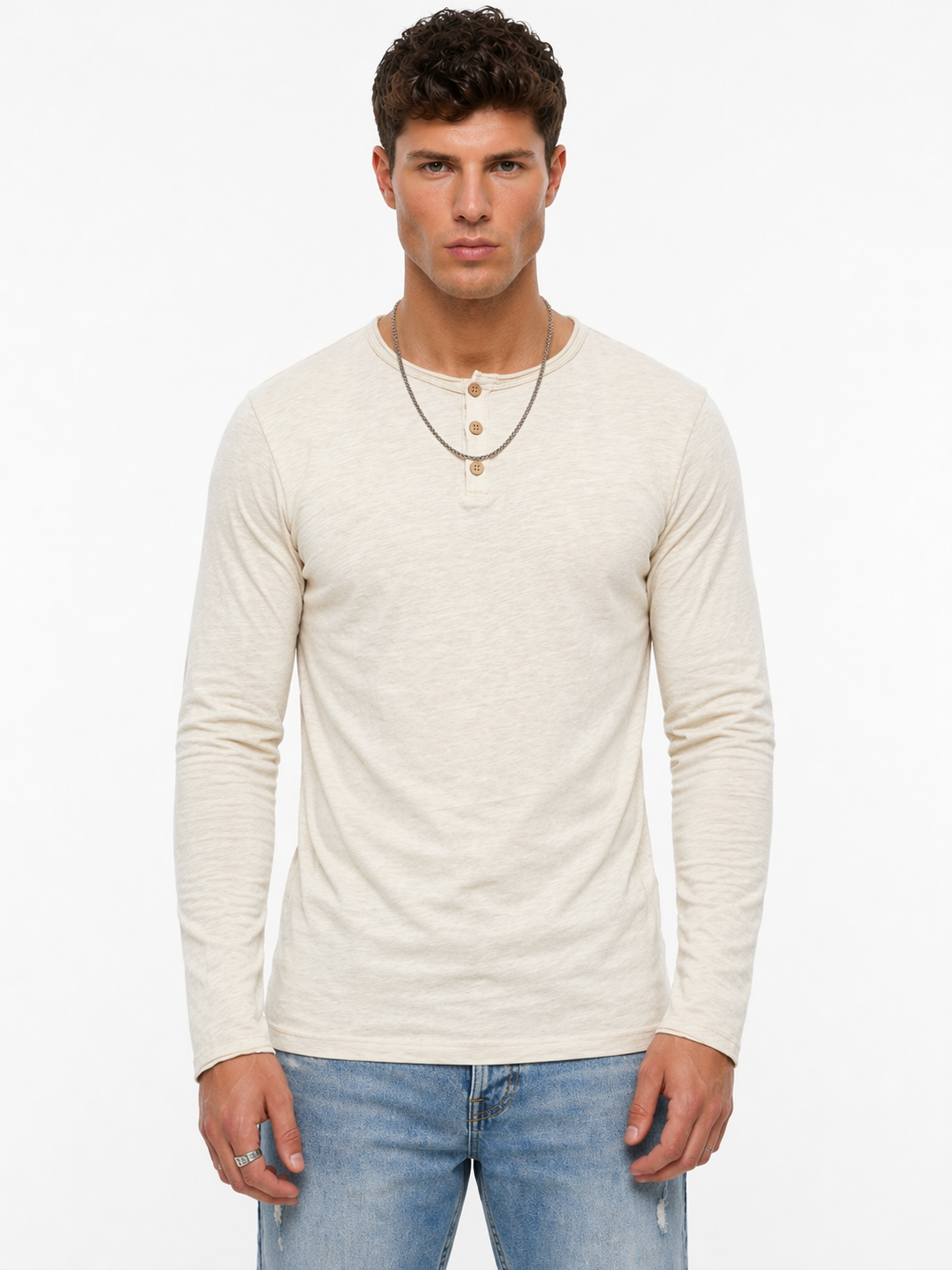 T-shirt beige col boutonné