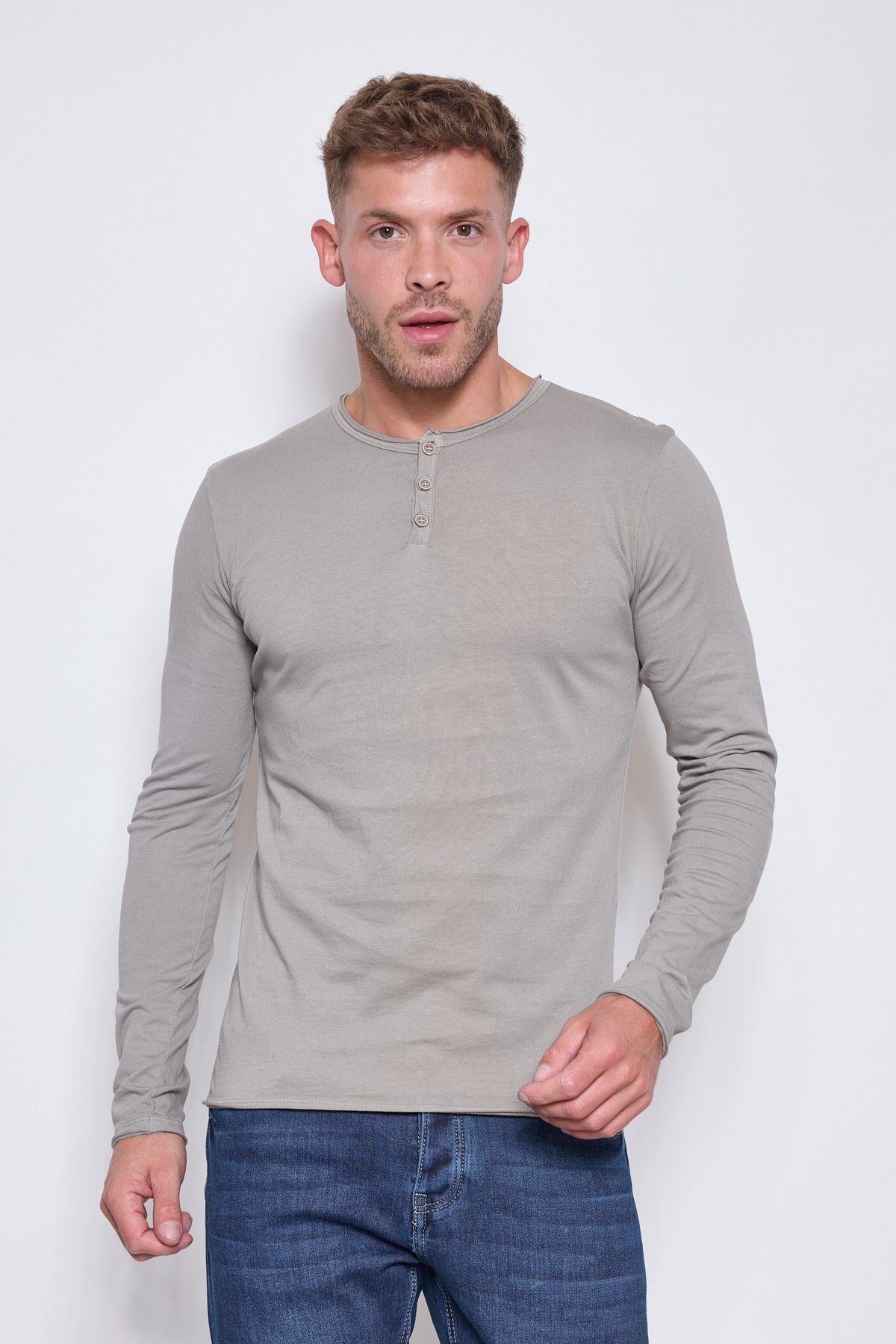 T-shirt taupe col boutonné