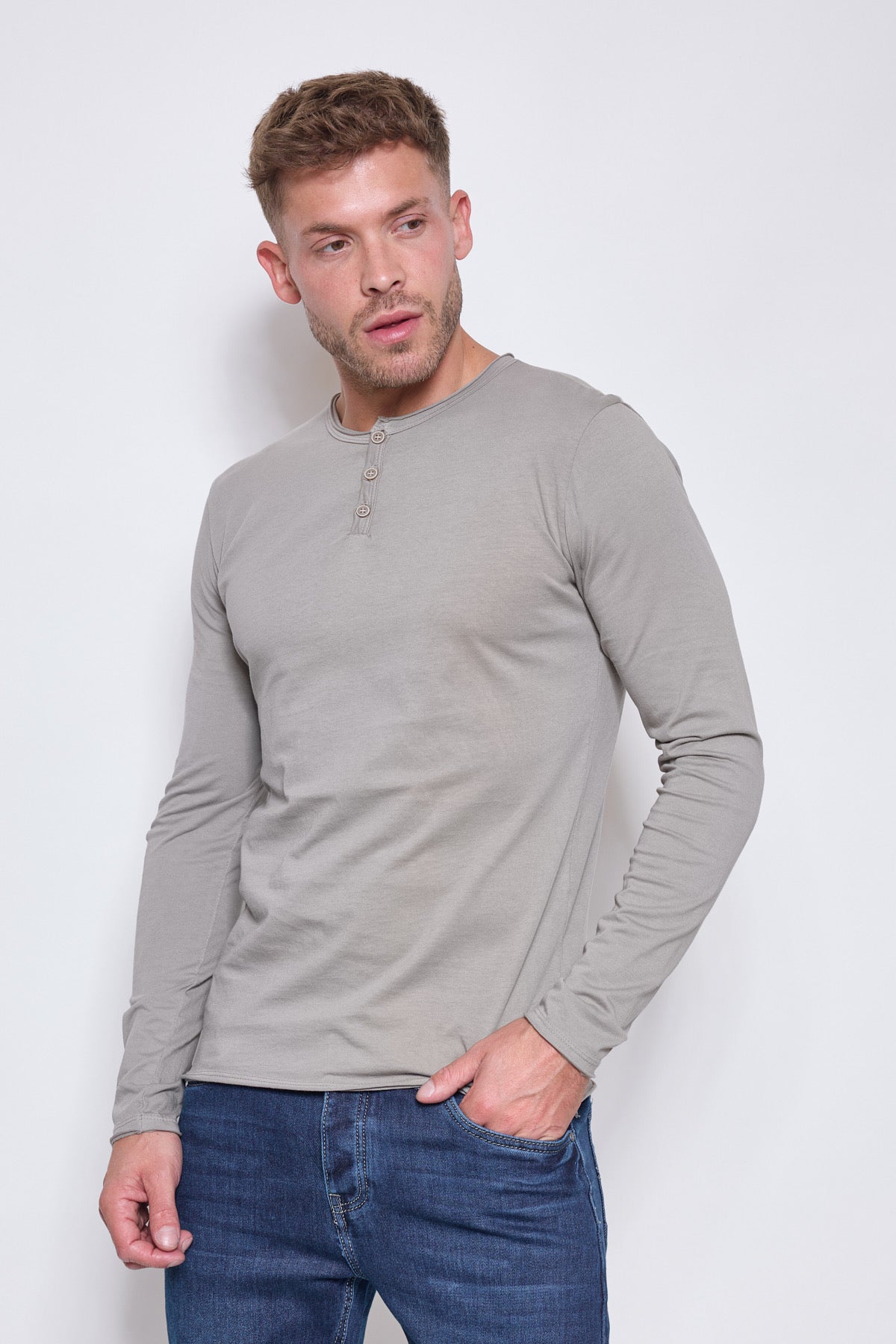 T-shirt taupe col boutonné