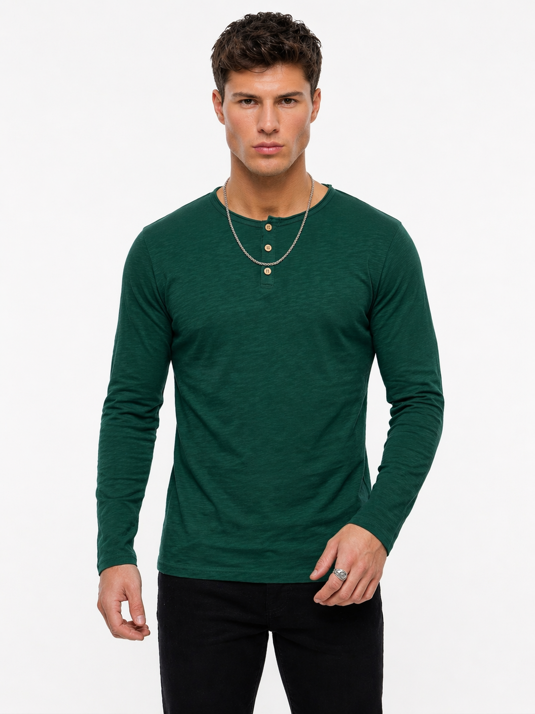 T-shirt vert bouteille col boutonné