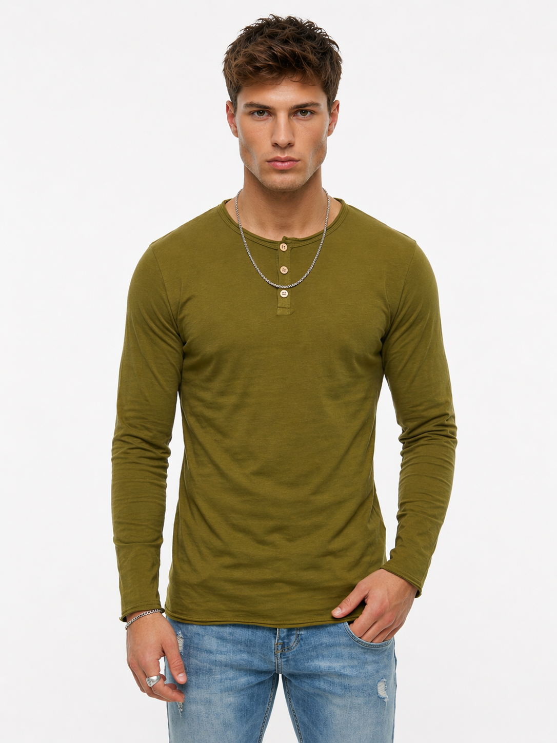 T-shirt vert olive col boutonné