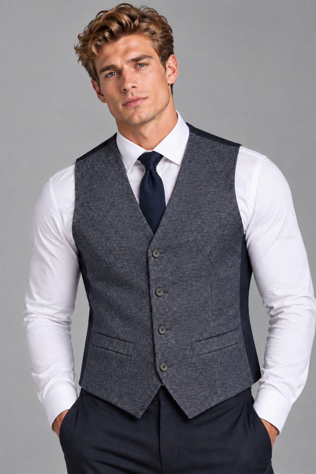 Gilet de Costume Homme Marine Chiné