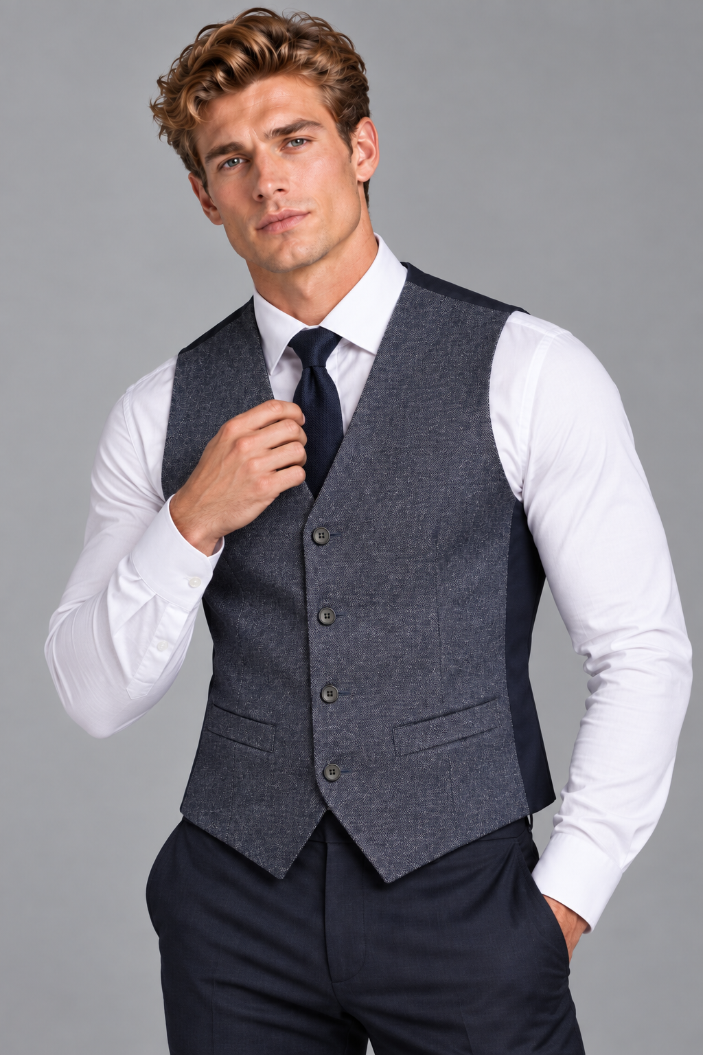 Gilet de Costume Homme Marine Chiné