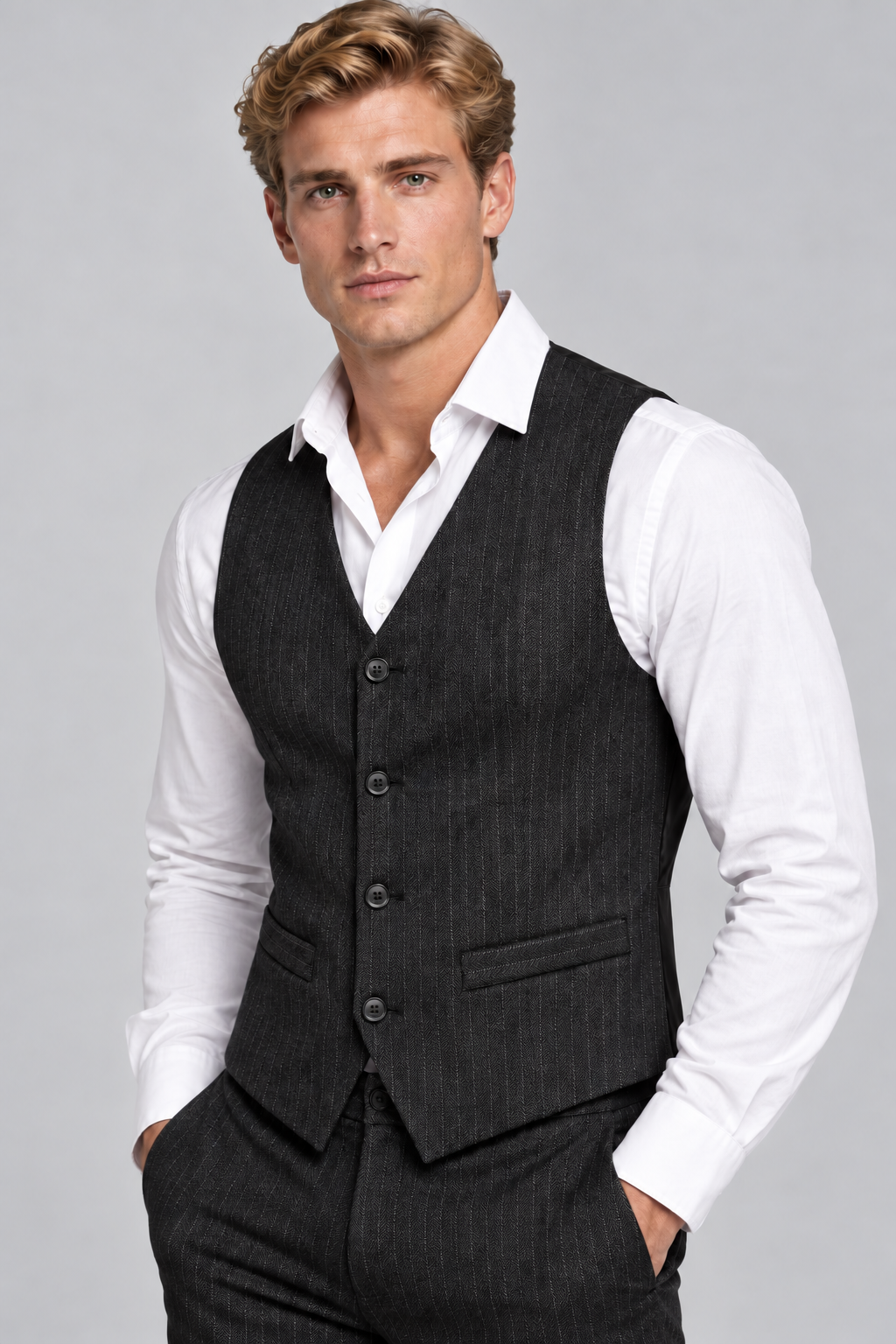 Gilet de Costume Homme Noir à Fines Rayures