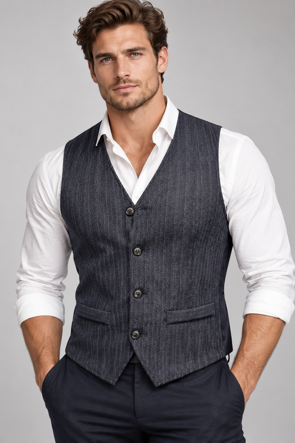 Gilet de Costume Homme marine à Fines Rayures