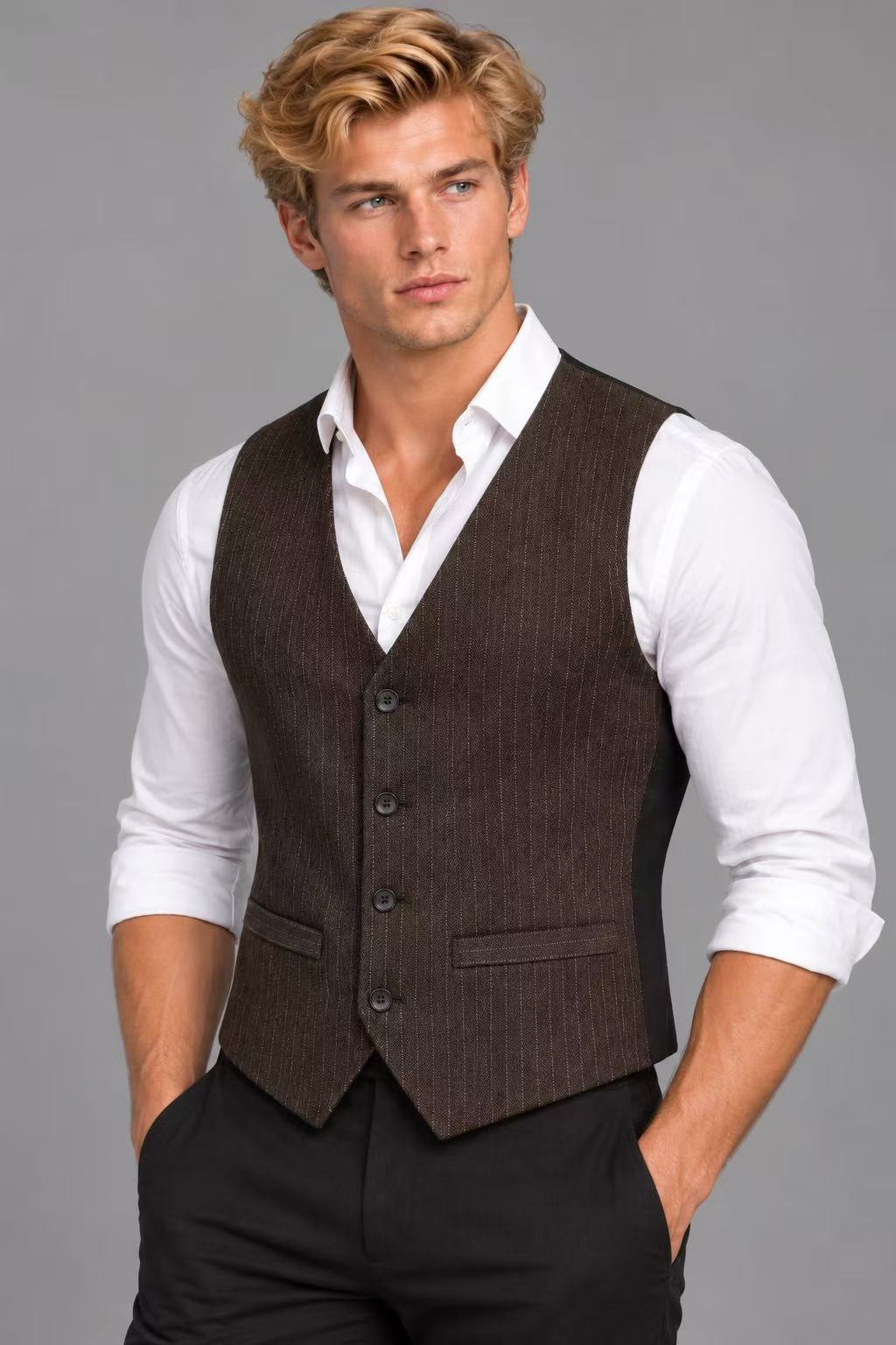 Gilet de Costume Homme marron à Fines Rayures