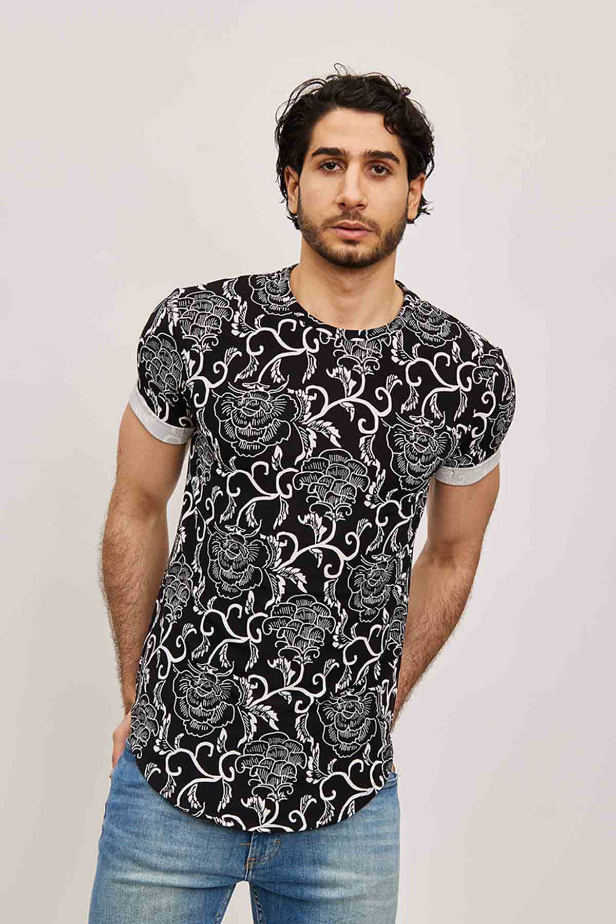 T-shirt Homme Imprimé Floral Noir / Blanc