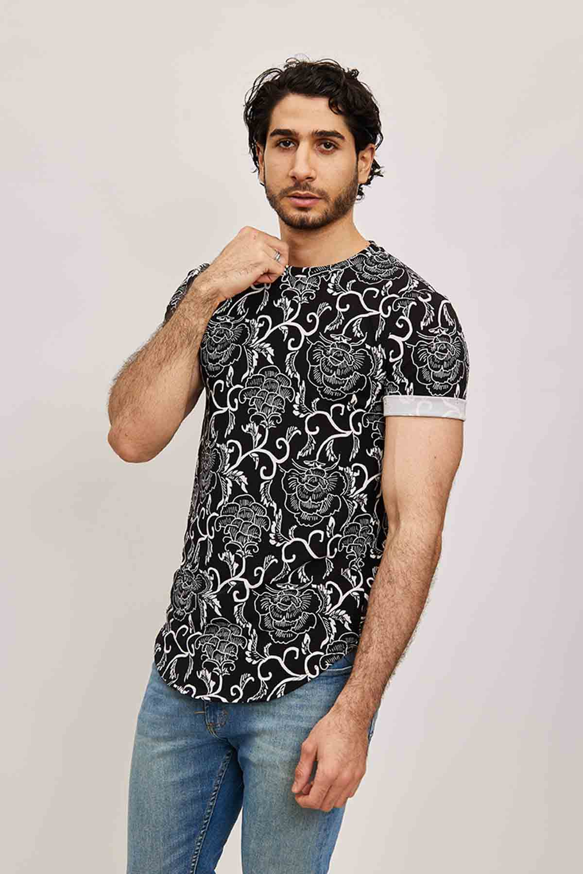 T-shirt Homme Imprimé Floral Noir / Blanc
