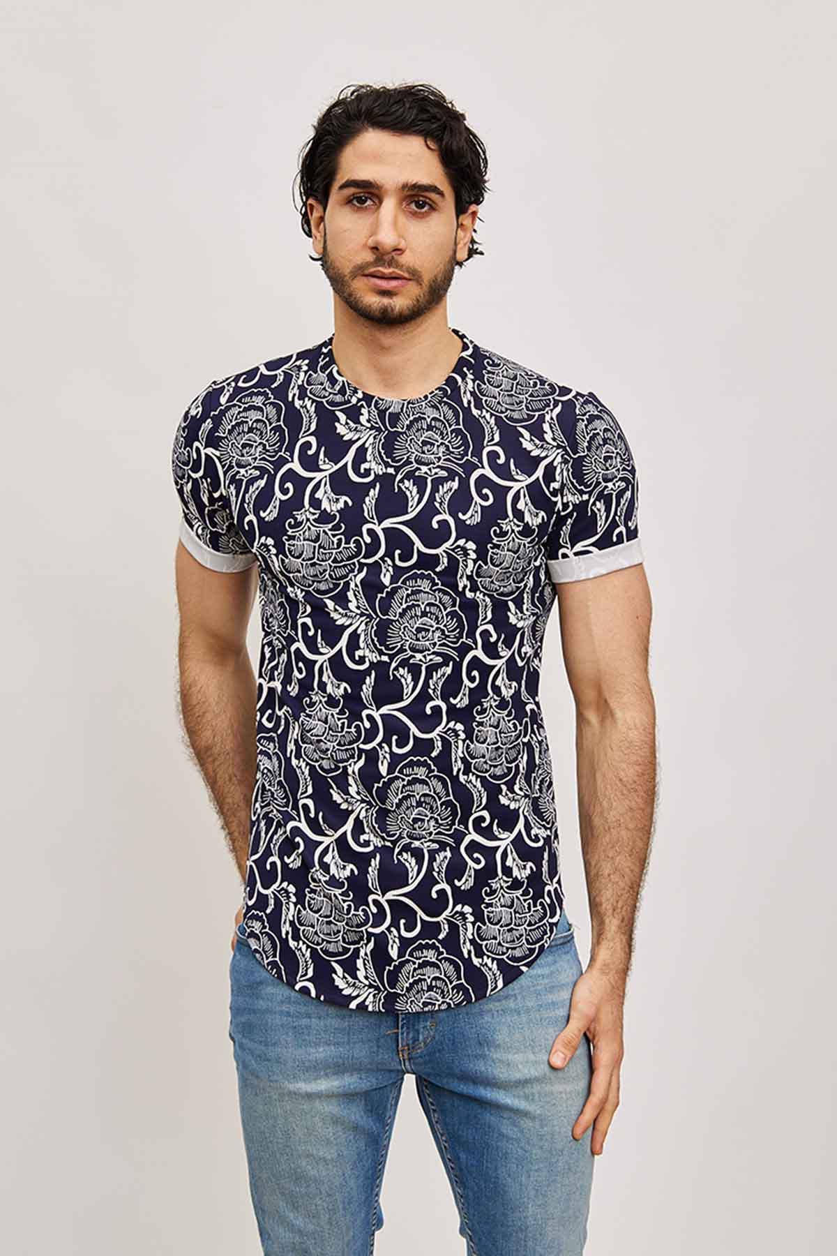 T-shirt Homme Imprimé Tropical Bleu / Blanc