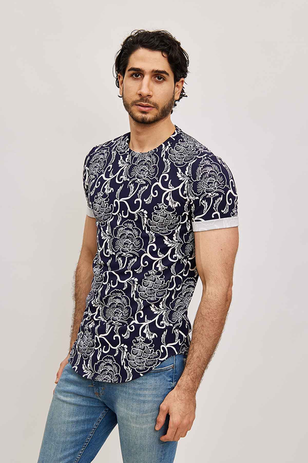 T-shirt Homme Imprimé Tropical Bleu / Blanc