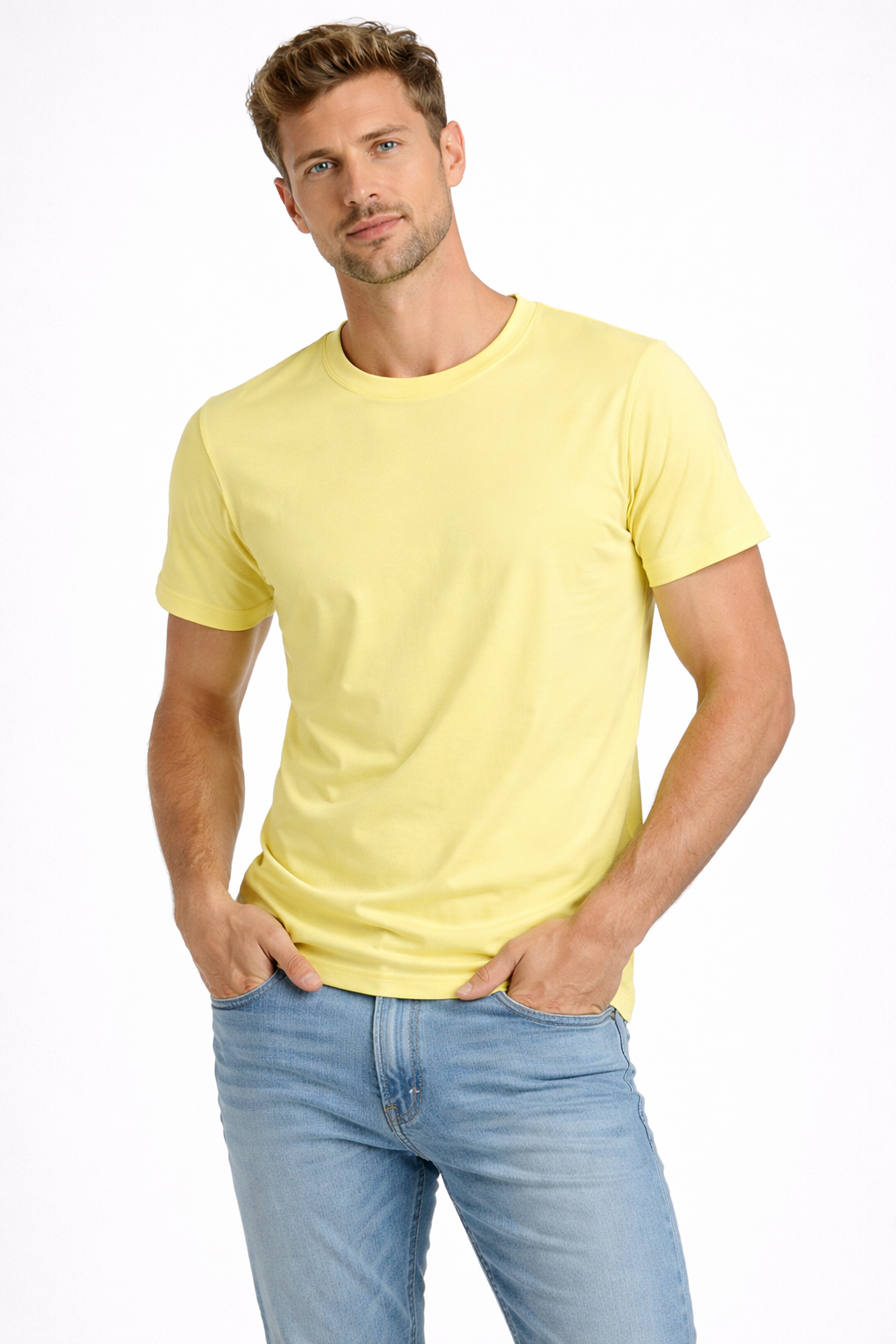 T-shirt col rond jaune coton homme