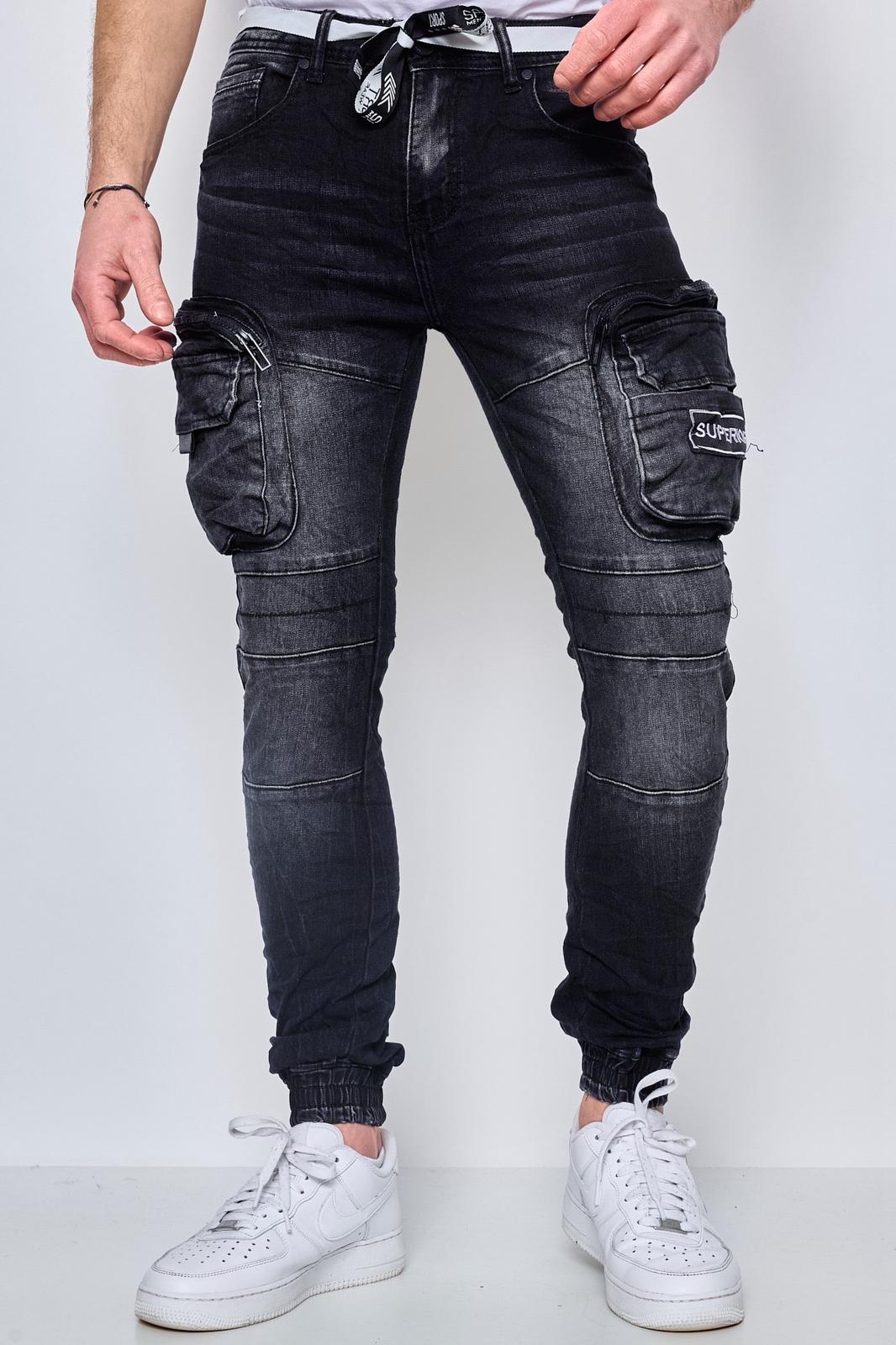 Jeans cargo noir slim homme fashion  avec poches sur les cuisses