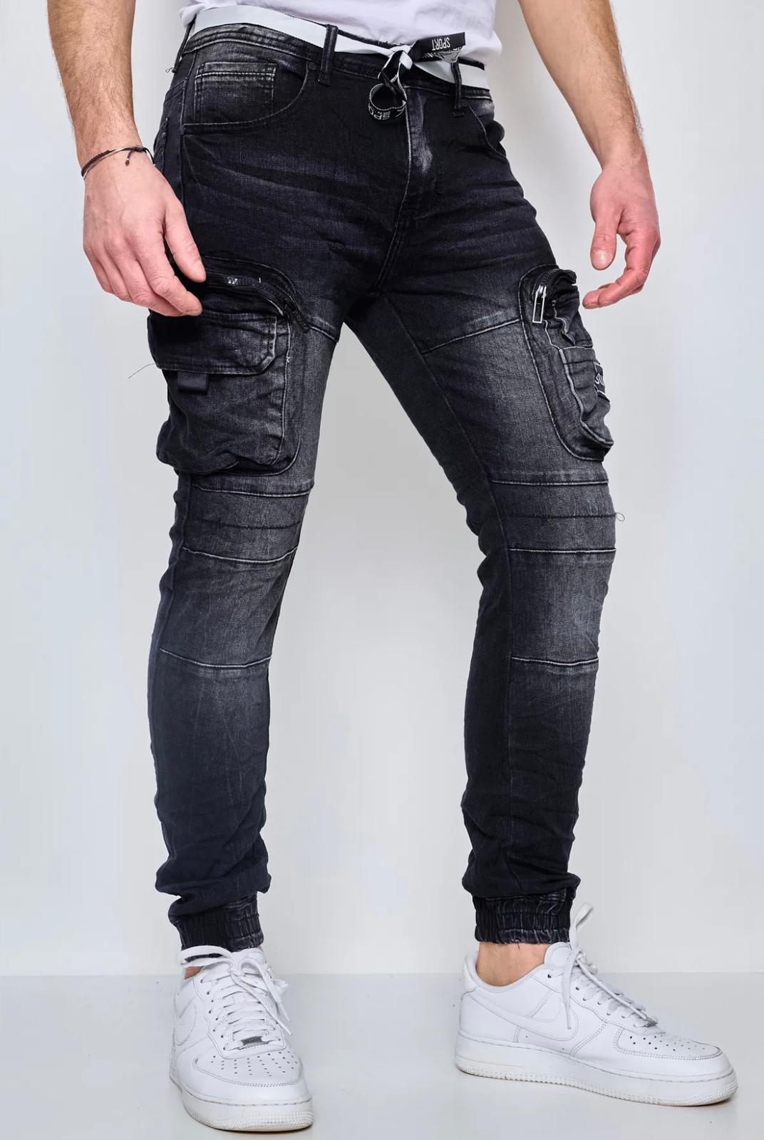 Jeans cargo noir slim homme fashion  avec poches sur les cuisses