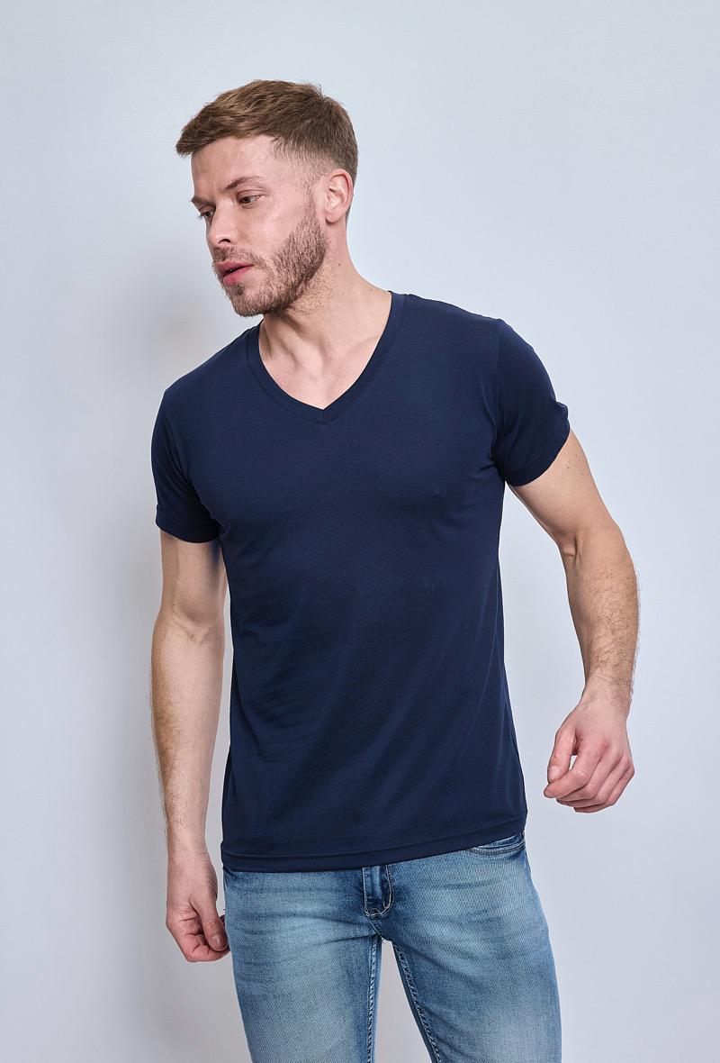 T-Shirt manches courtes classique bleu foncé V stretch