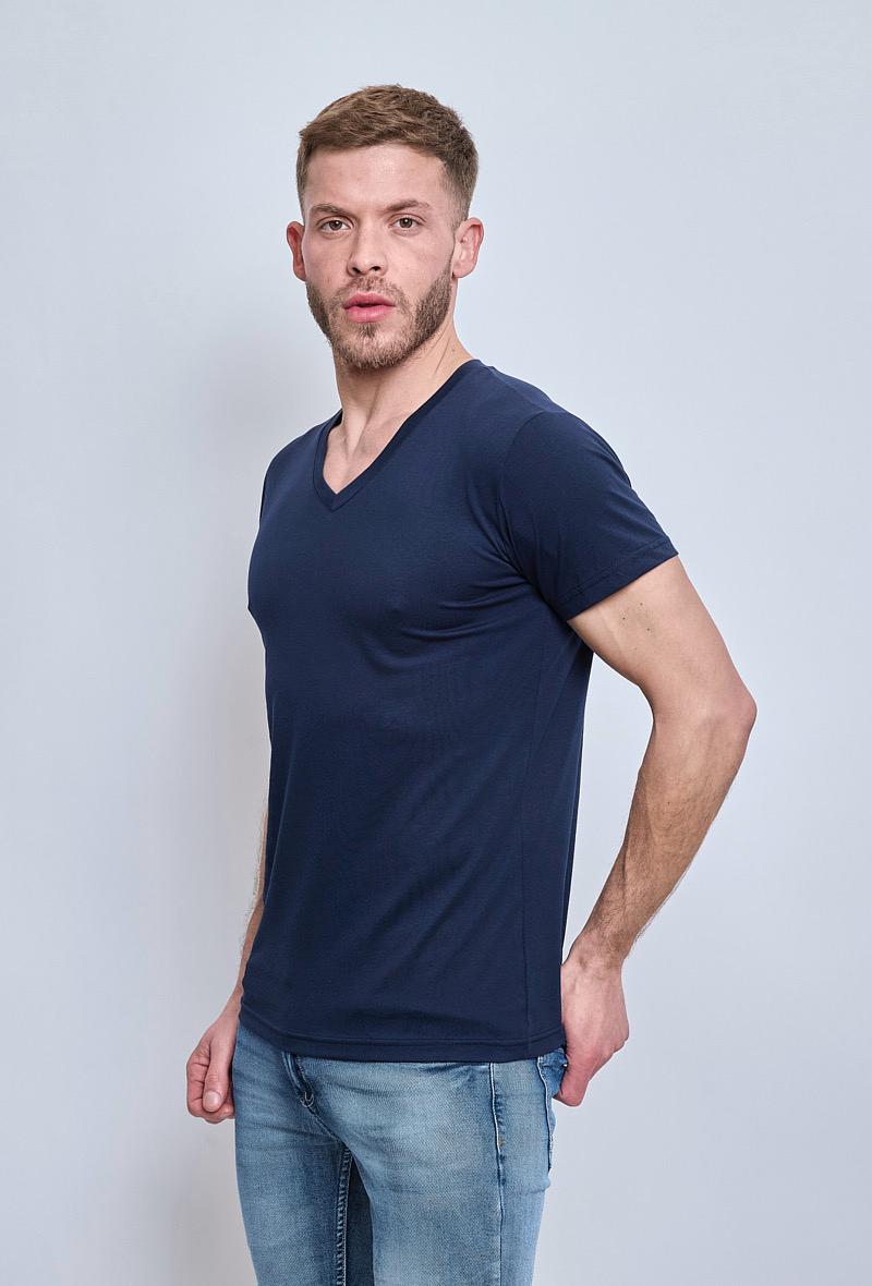 T-Shirt manches courtes classique bleu foncé V stretch