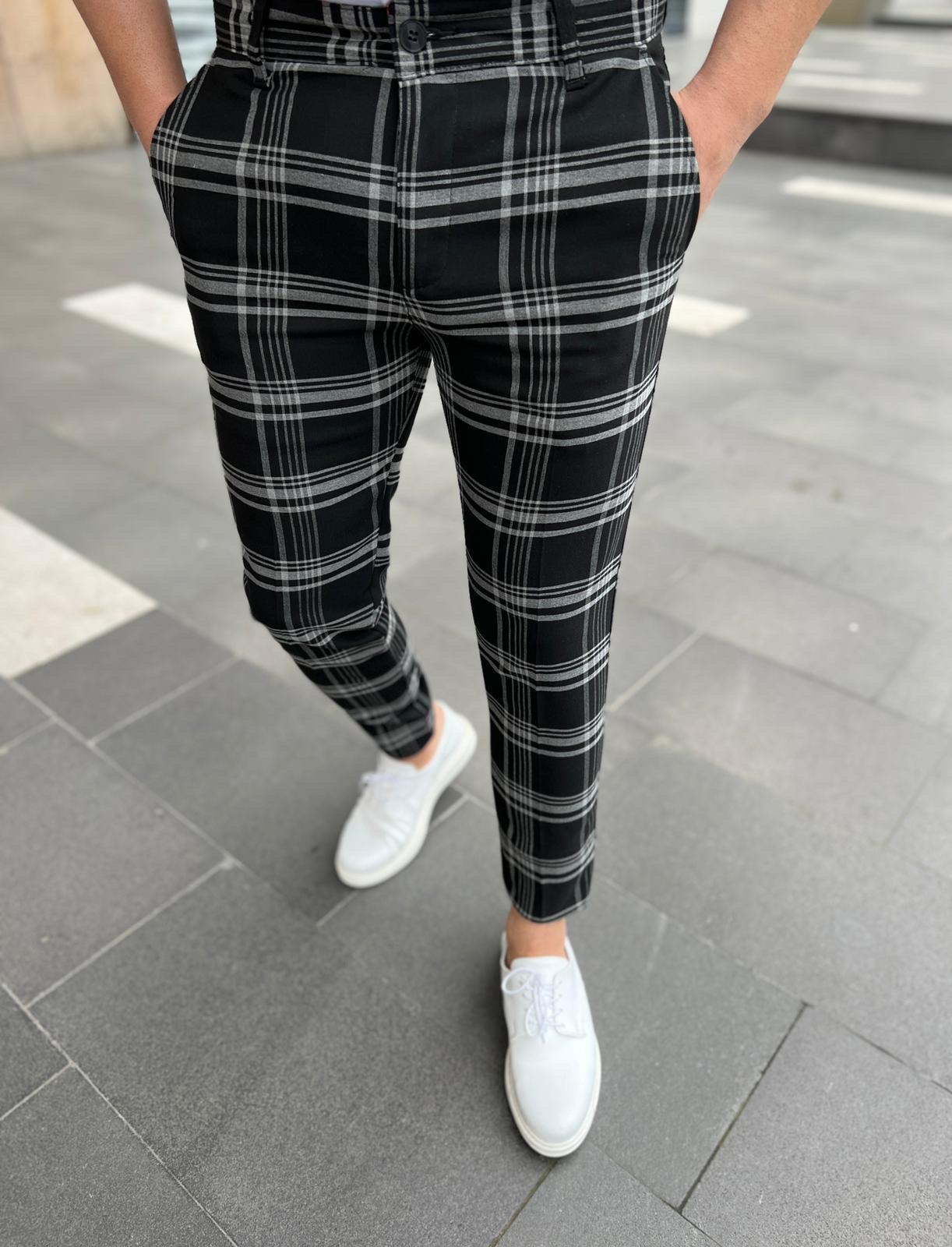 Pantalon noir à carreaux slim fashion homme