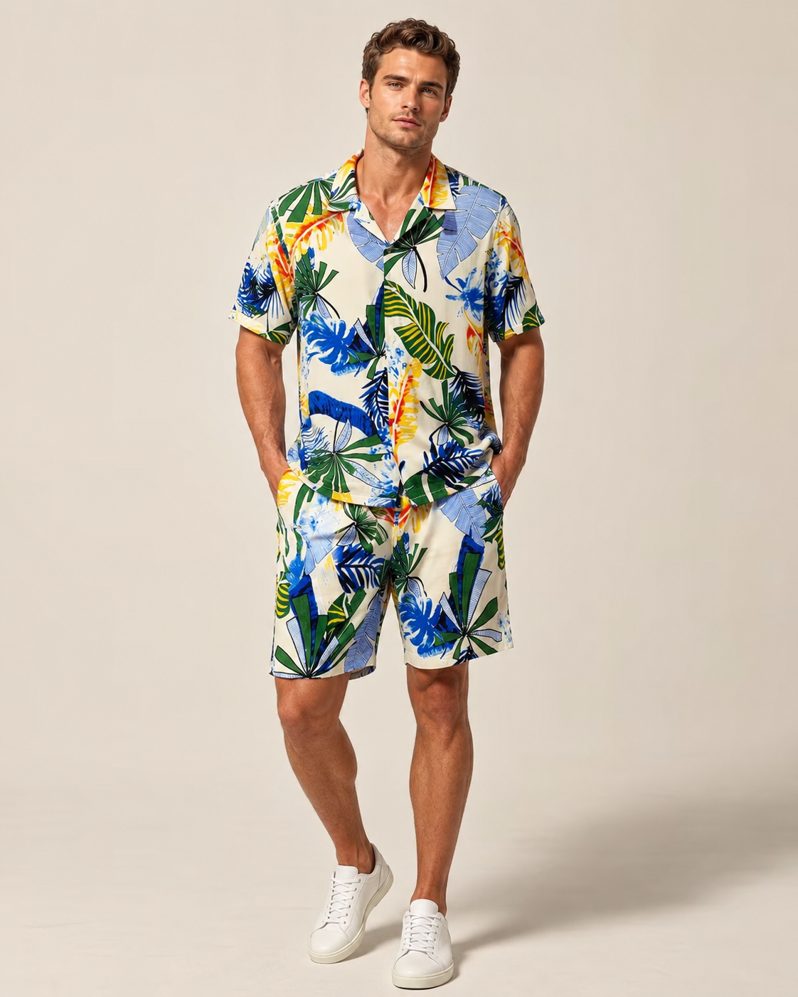 Ensemble homme chemise short bleu imprimé tropical