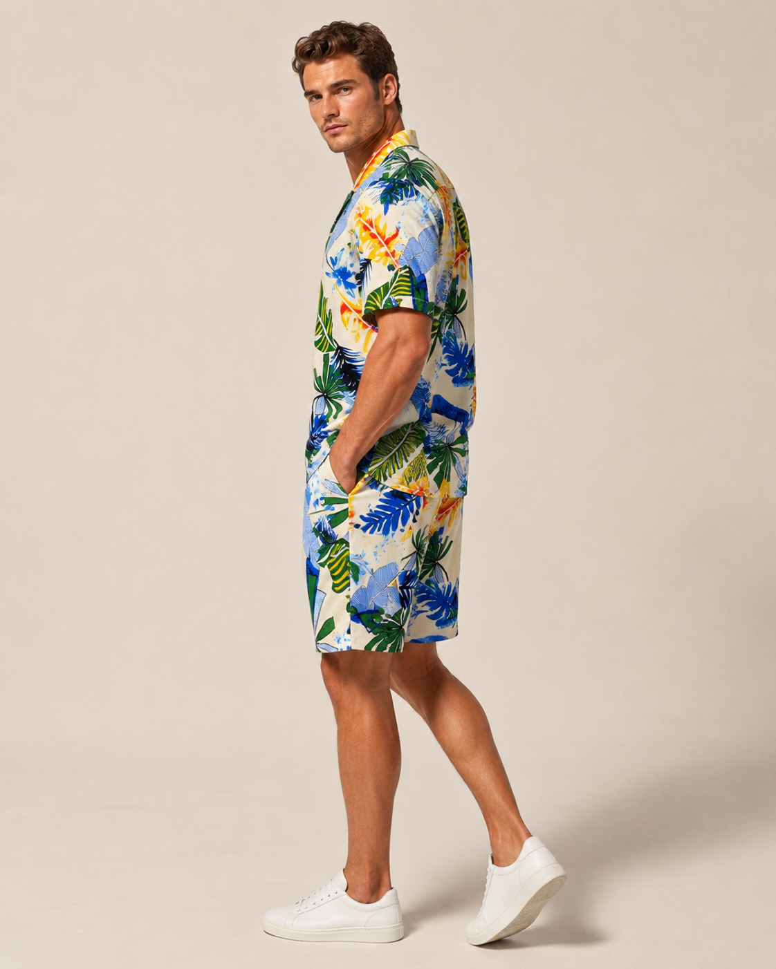 Ensemble homme chemise short bleu imprimé tropical