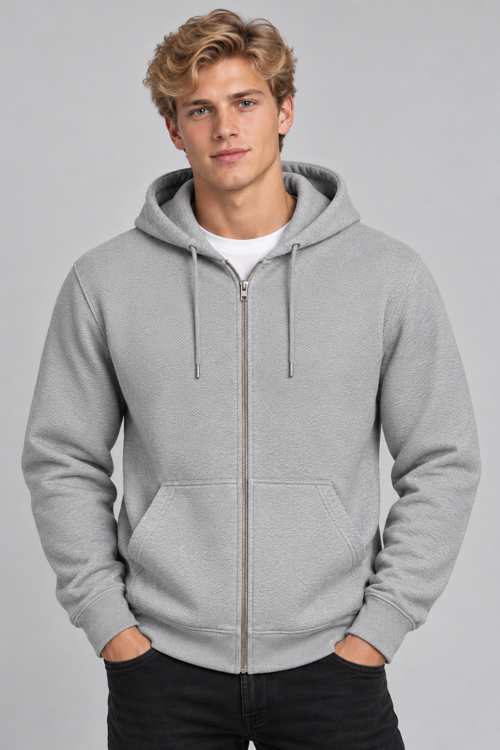 Sweat à capuche homme gris zippé à poches