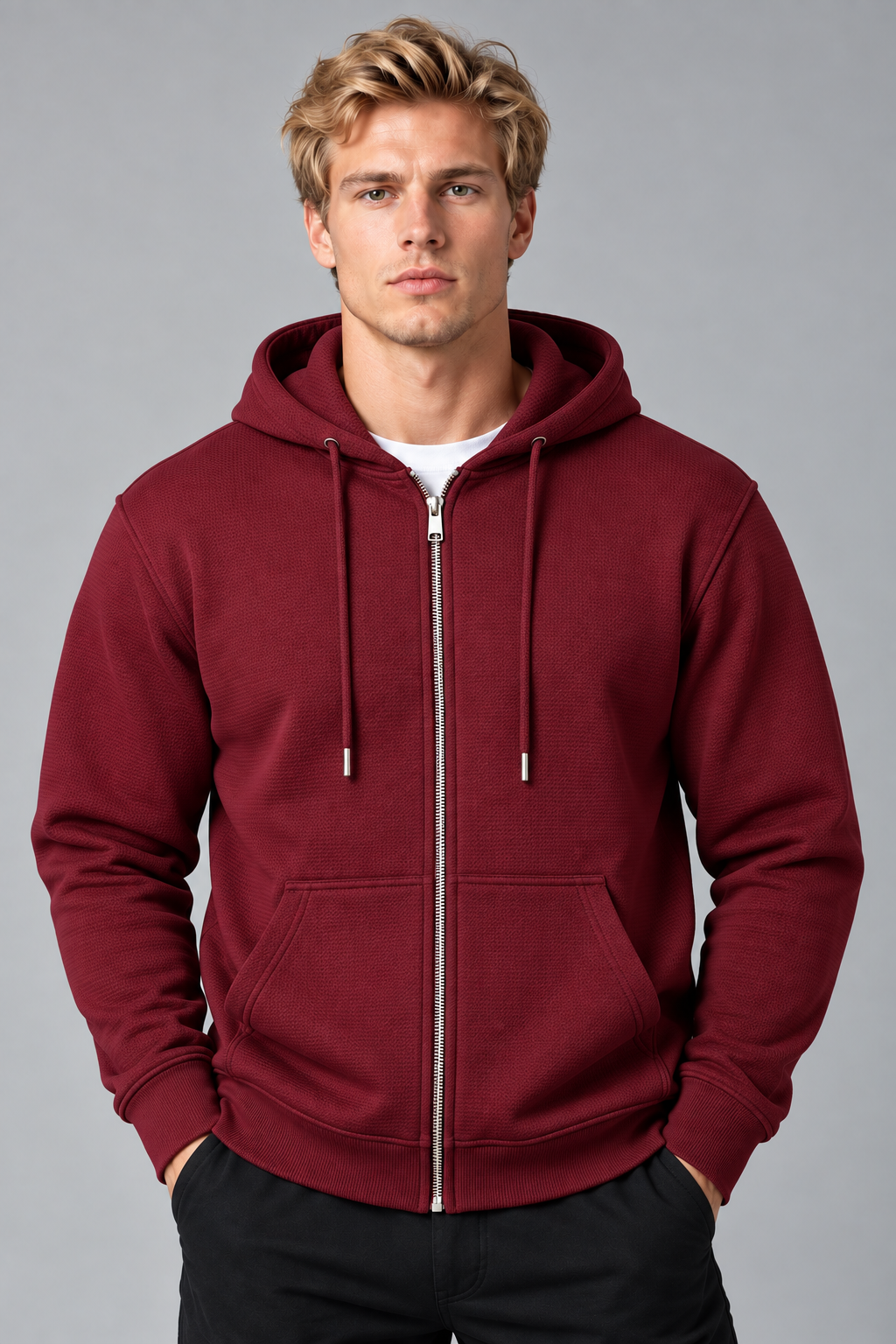 Sweat à capuche homme bordeaux zippé à poches
