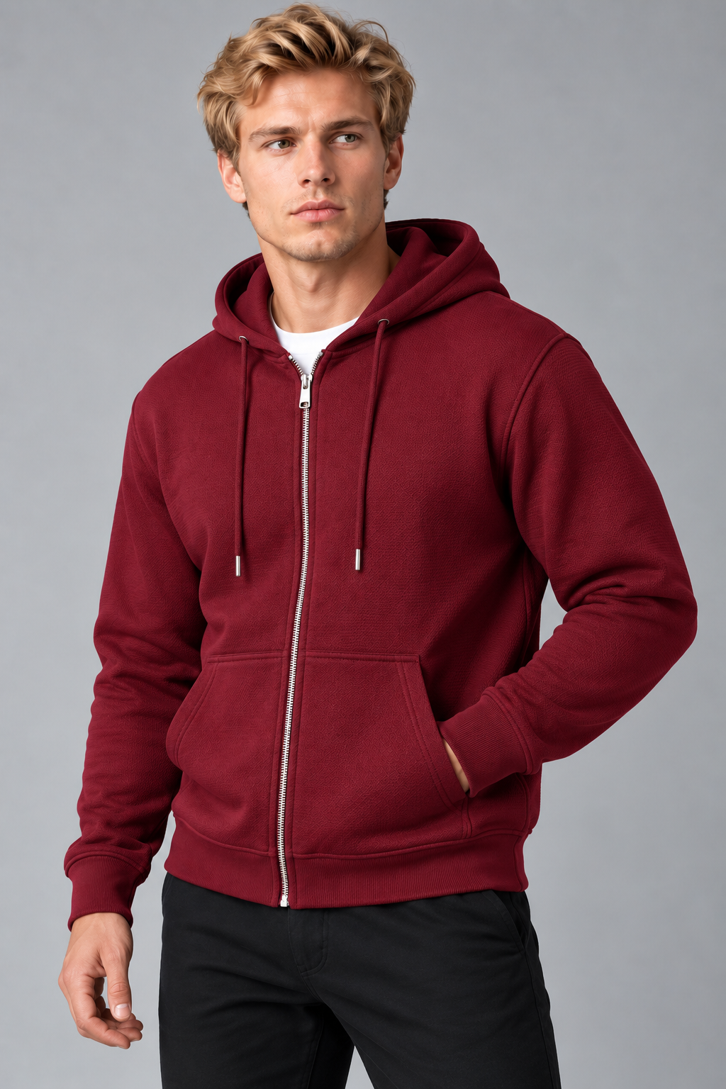 Sweat à capuche homme bordeaux zippé à poches