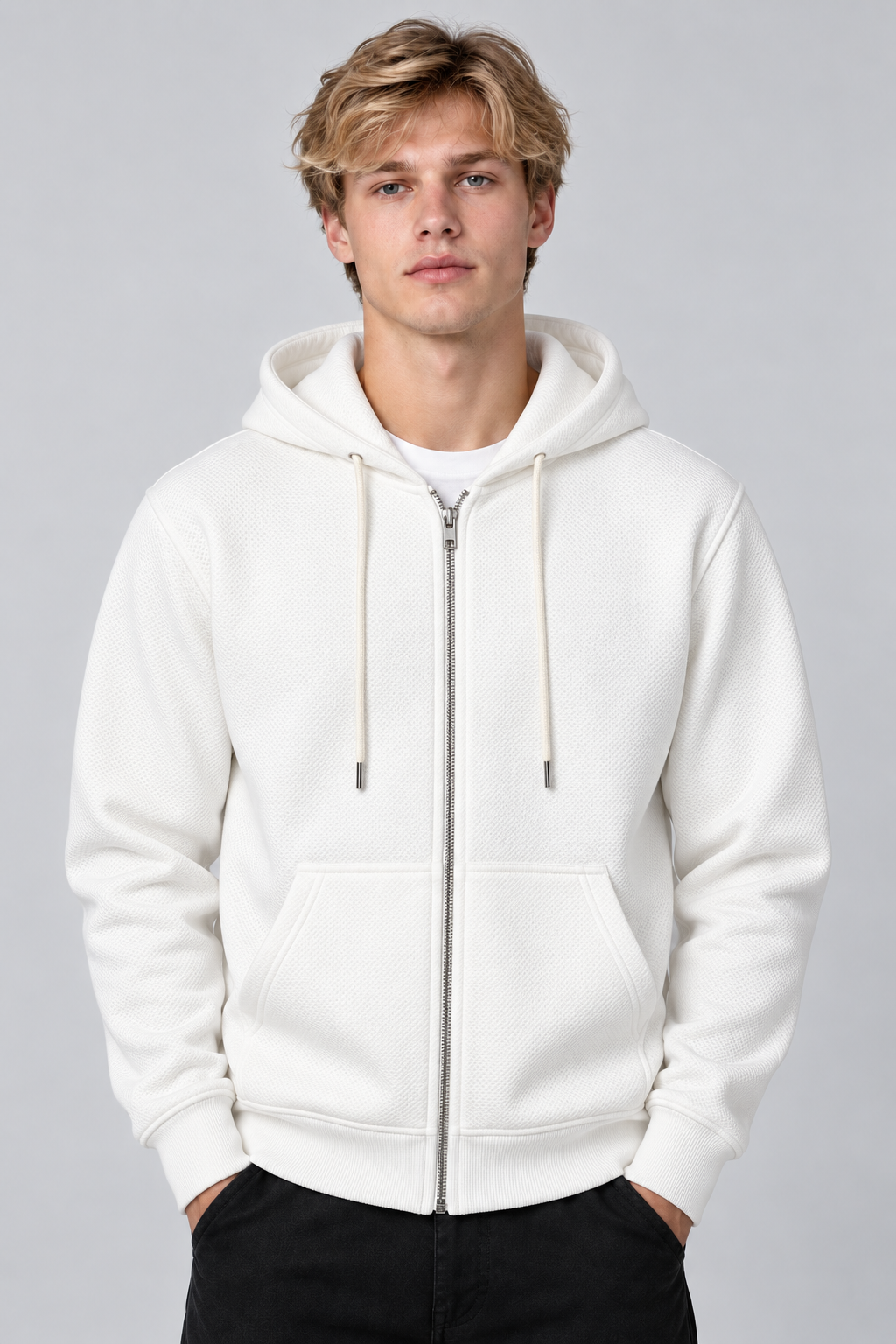 Sweat à capuche homme blanc zippé à poches