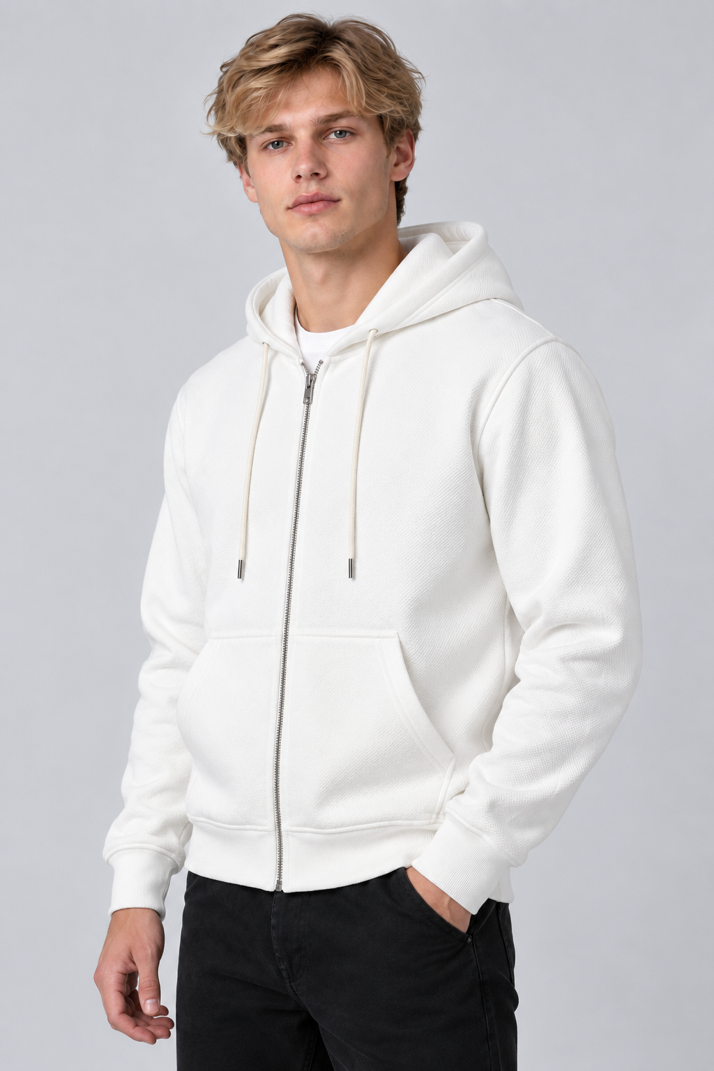 Sweat à capuche homme blanc zippé à poches
